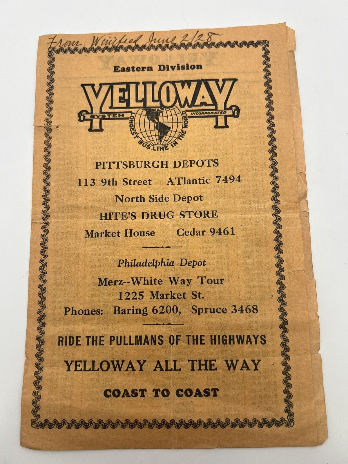 Antique 1928 Yelloway Eastern Division Pittsburgh Depot Bus Schedule