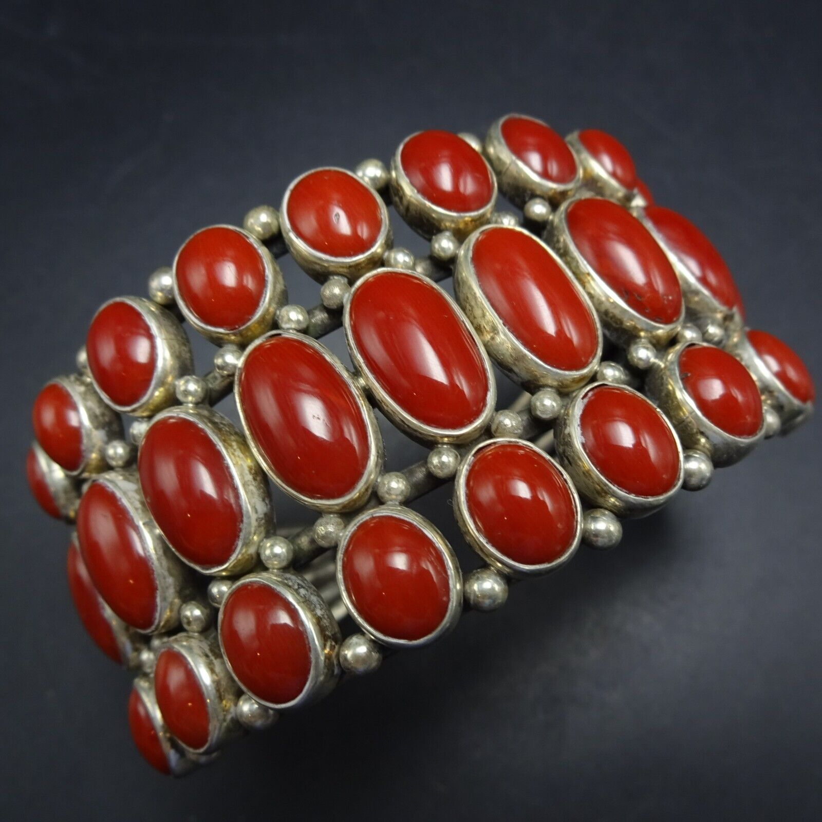 Rare PERRY SHORTY Navajo RED MEDITERRANEAN CORAL Sterling Silver Cuff BRACELET