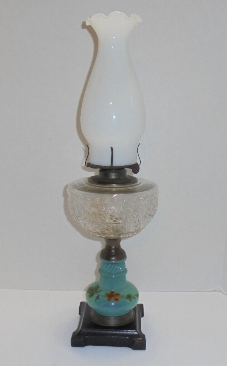 Antique P & A Mfg. Glass Oil Lamp - Hand Painted Flowers Waterbury Conn