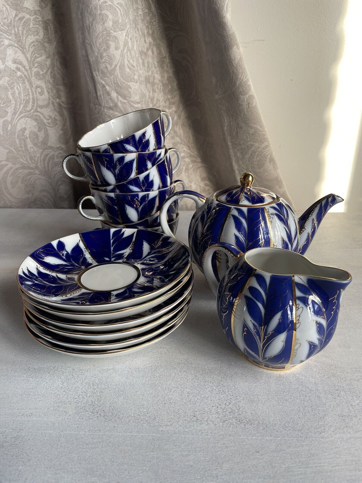 Lomonosov Imperial Porcelain Russian Tea Set for 6 - W/Gold Trim - Winter Nights