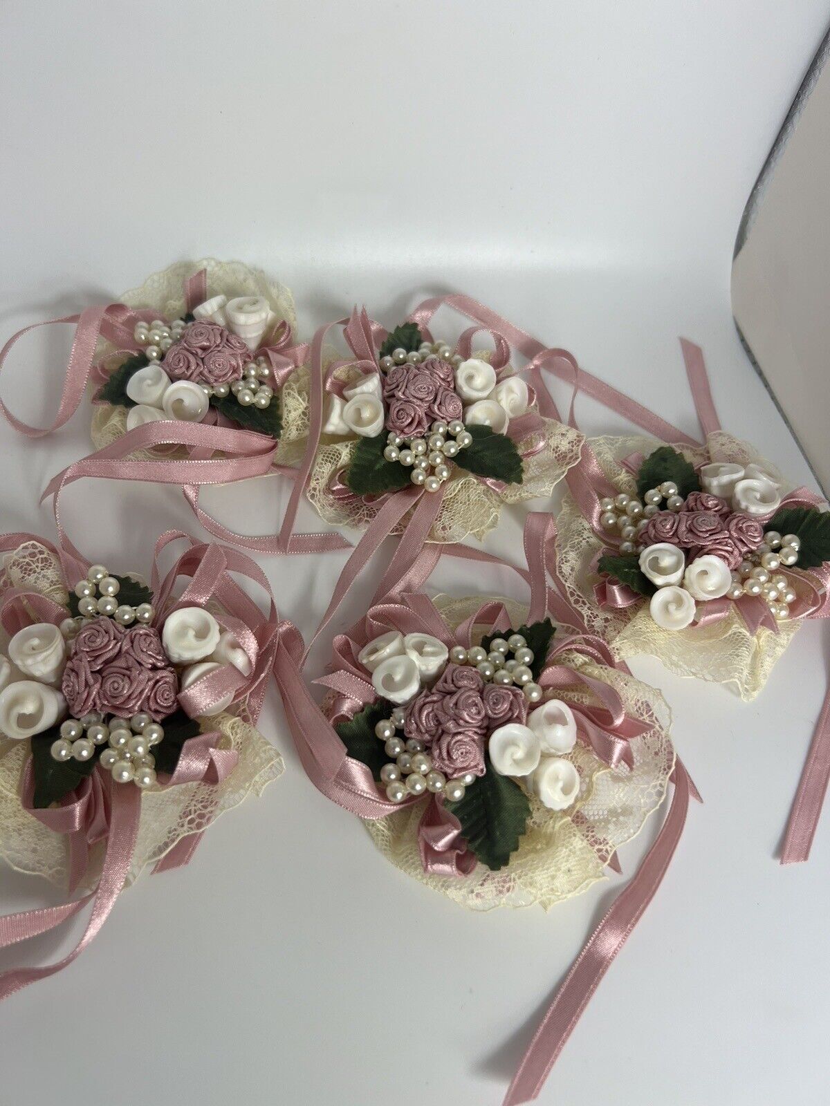 Vintage Pink Flower Bouquet Ribbon Pearl Lace Ornament Set Of 5 Wedding Decor