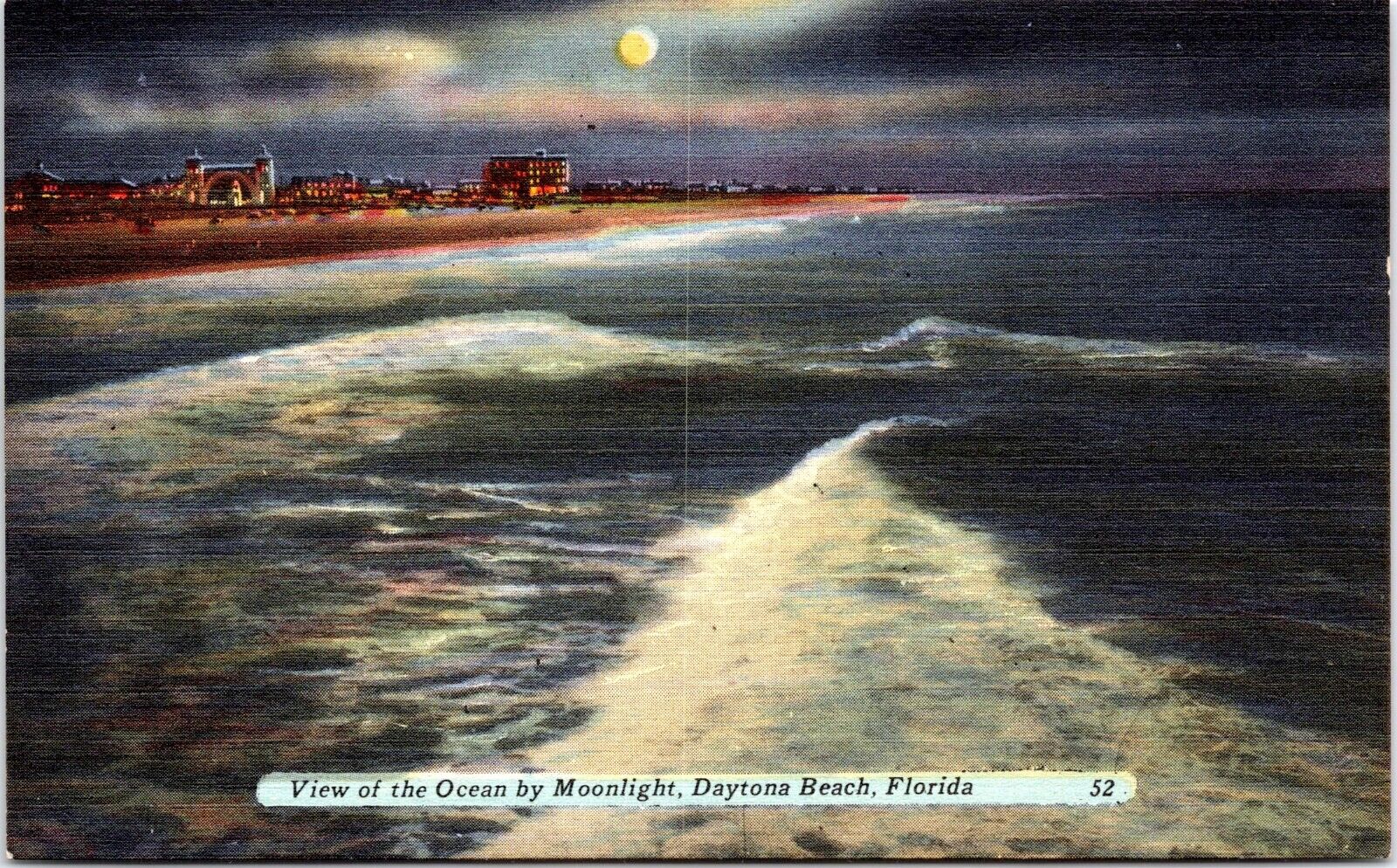 View of Ocean, Moonlight, Daytona Beach Florida - c1940s Linen Postcard- Tichnor