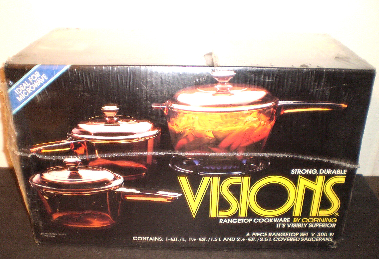 Vintage 1986 Corning Ware Rangetop Visions 6 pc Glass Covered Saucepan V-300-N