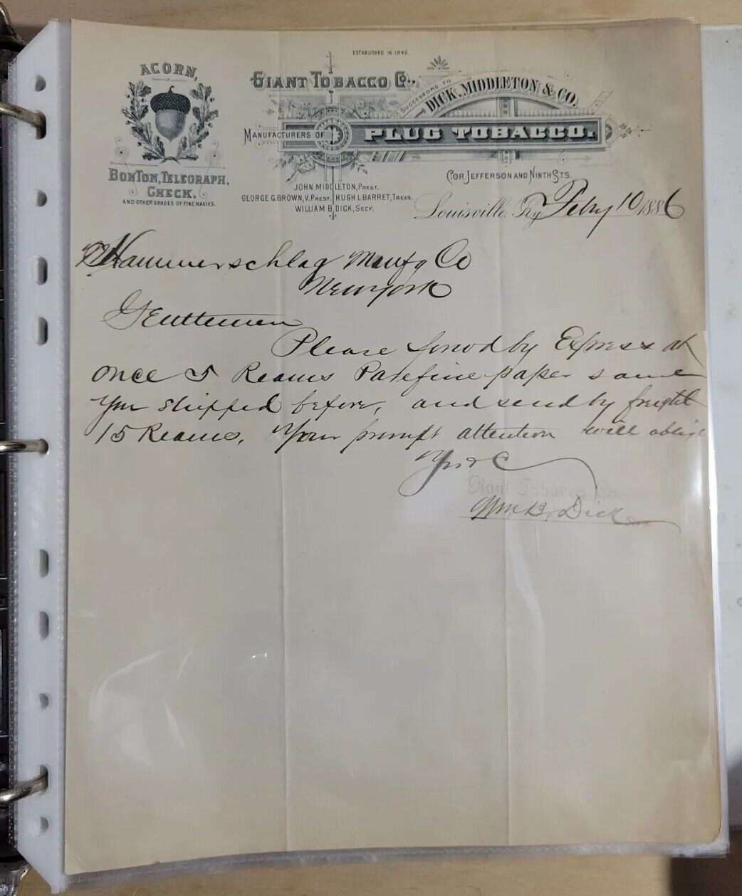 1886 Antique Document Giant Tobacco Co. Louisville, KY,. Signed William B. Dick