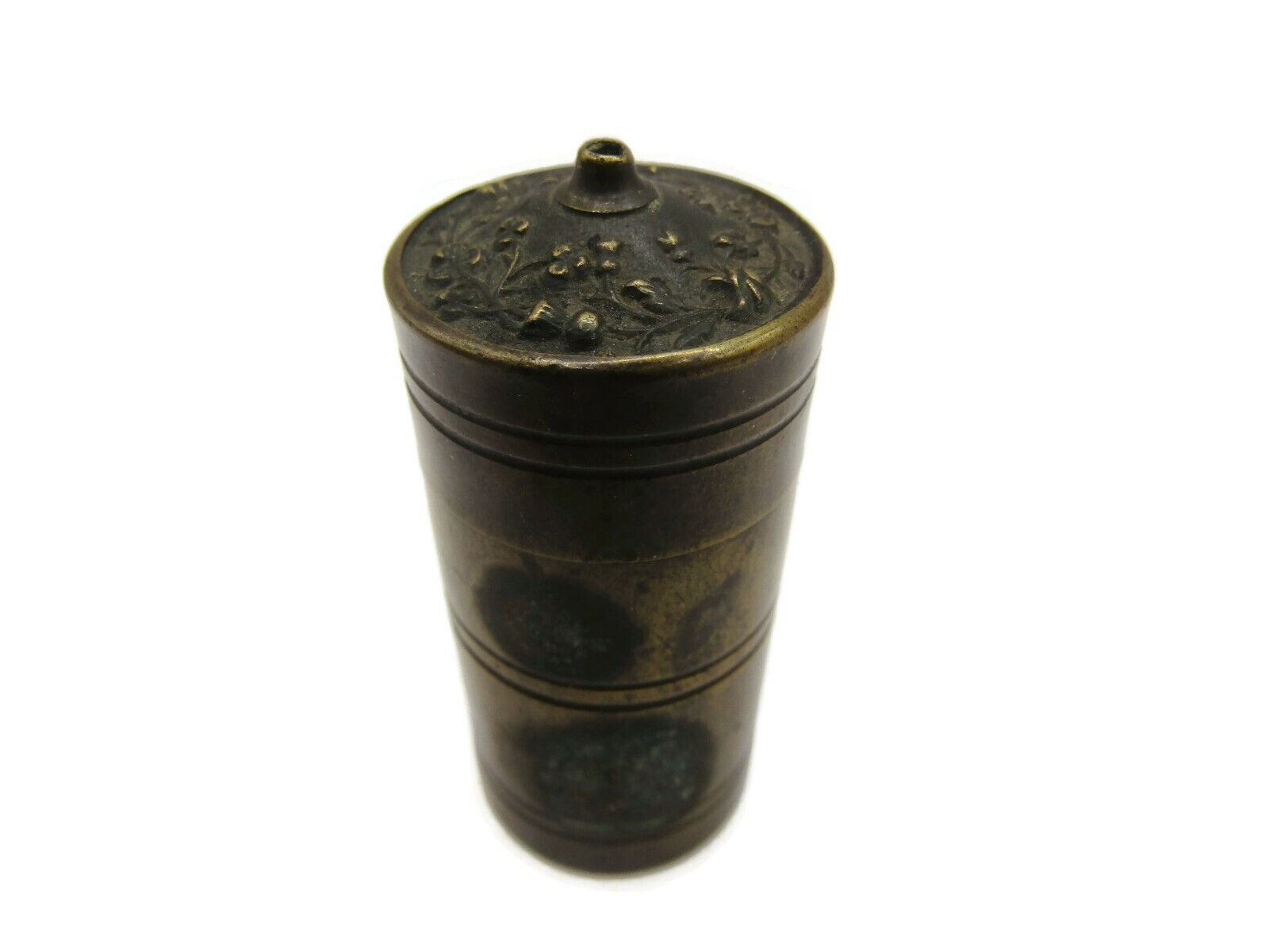 Small Antique Metal Case Cylinder Flower Print on Cap