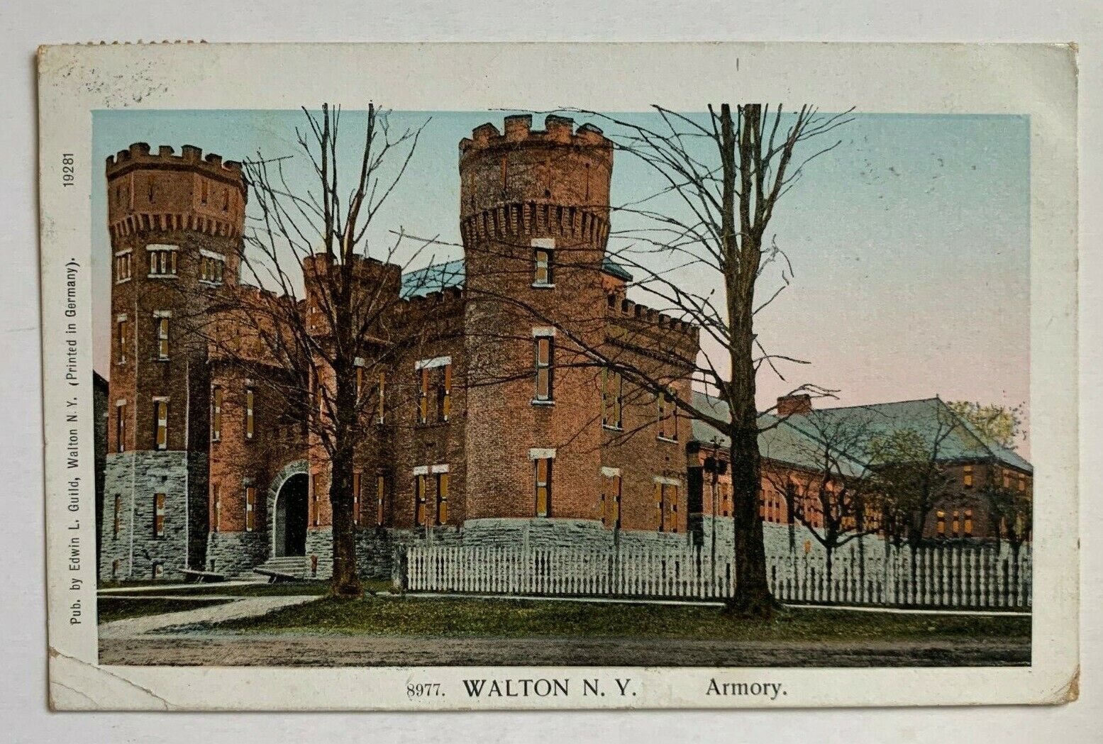 NY Postcard Walton New York Armory building front view turrets Delaware County