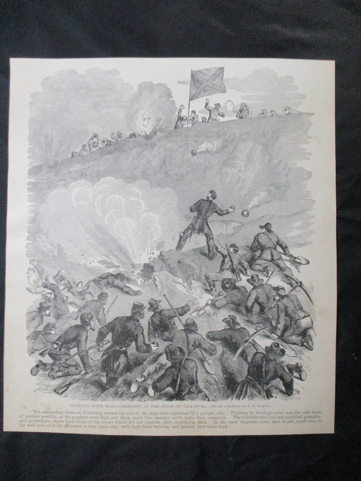 1885 Civil War Print - Fighting With Hand Grenades at Vicksburg, Mississippi