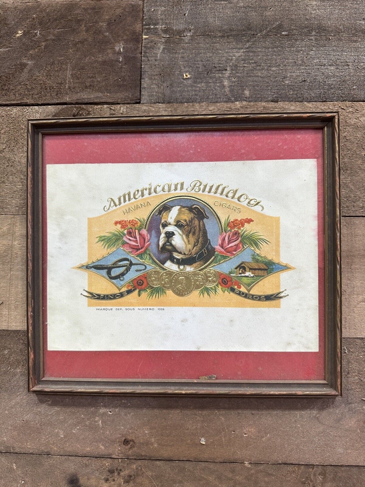 Antique Framed American Bulldog Havana Cigars Box Label Art