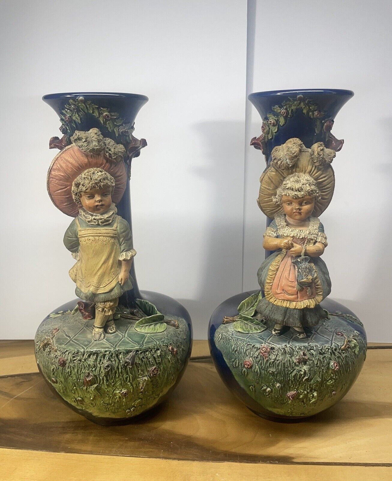 Pair of Antique Johann Maresch Cobalt Blue Fine Art Terracotta Sculptures Vases