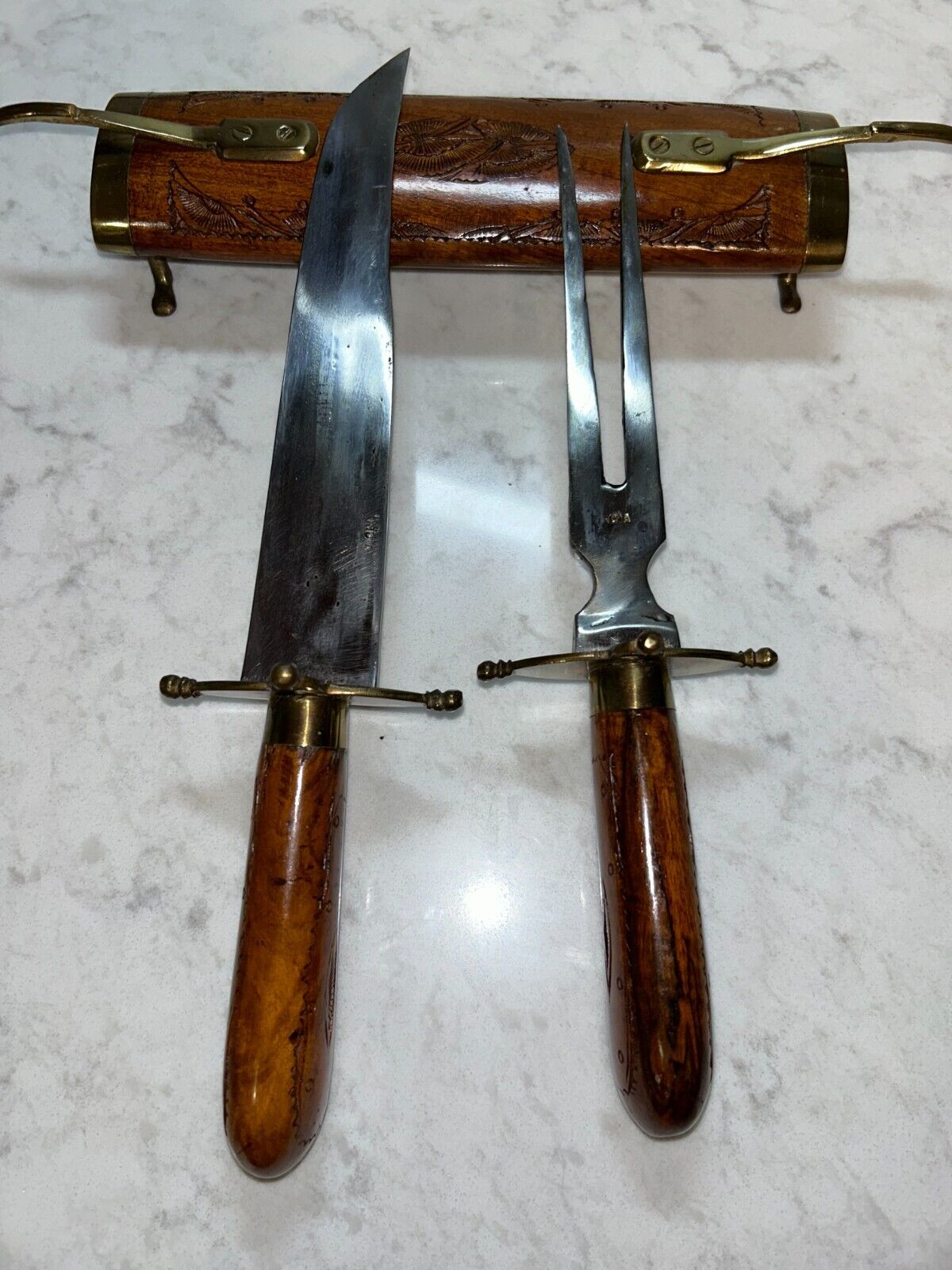 Vintage Indian Carving Set - With Wood and Brass Locking Sheath Fork & Knife