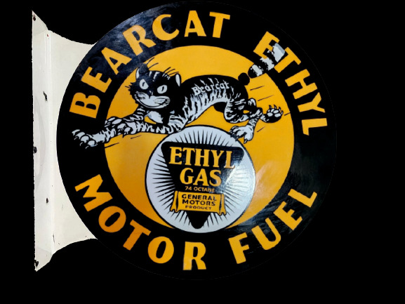 PORCELIAN BEARCAT ETHYL ENAMEL SIGN SIZE 30 INCHES DOUBLE SIDED WITH FLANGE