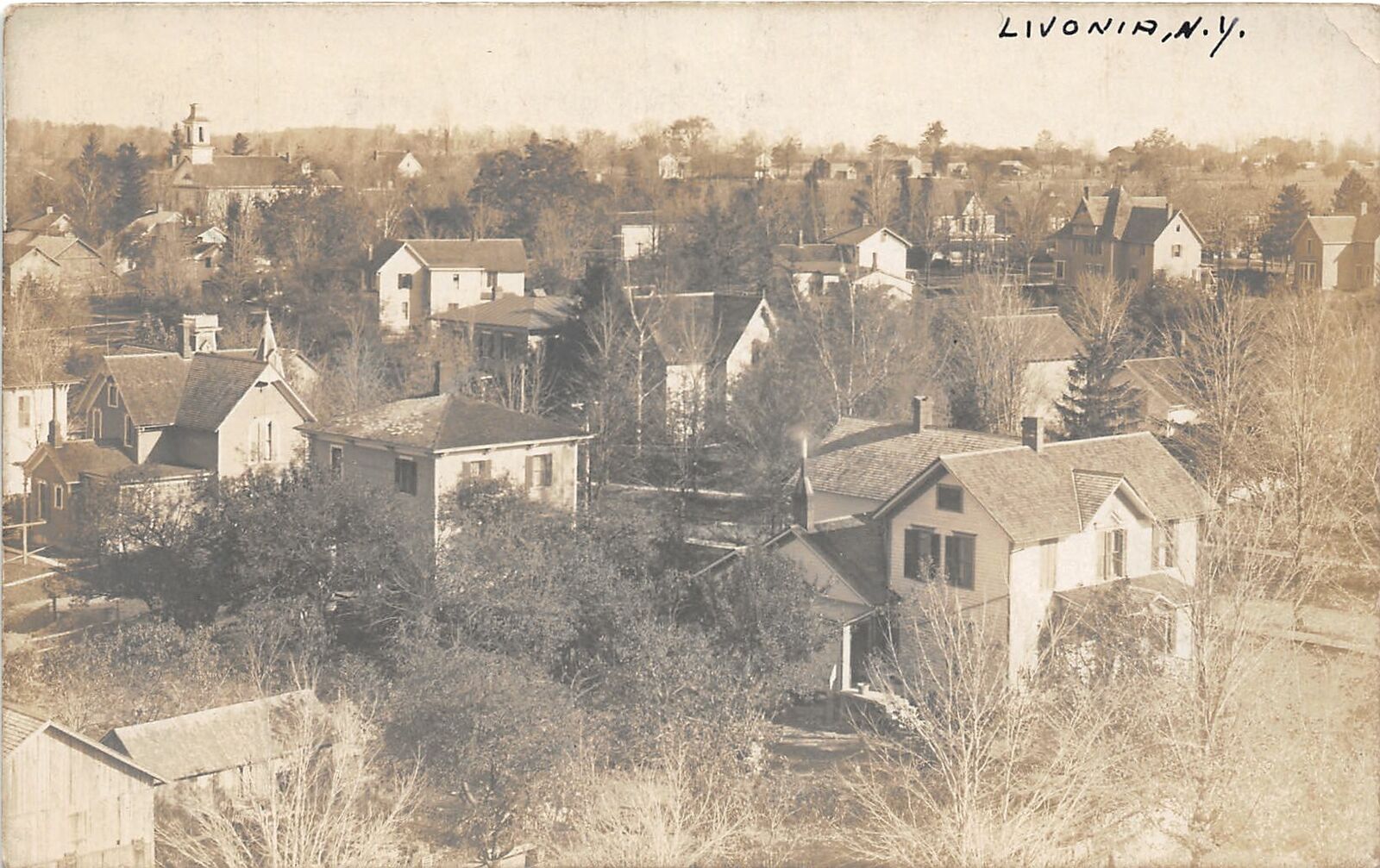 PC1/ Livonia New York RPPC Postcard c1910 Birdseye Homes Church  55