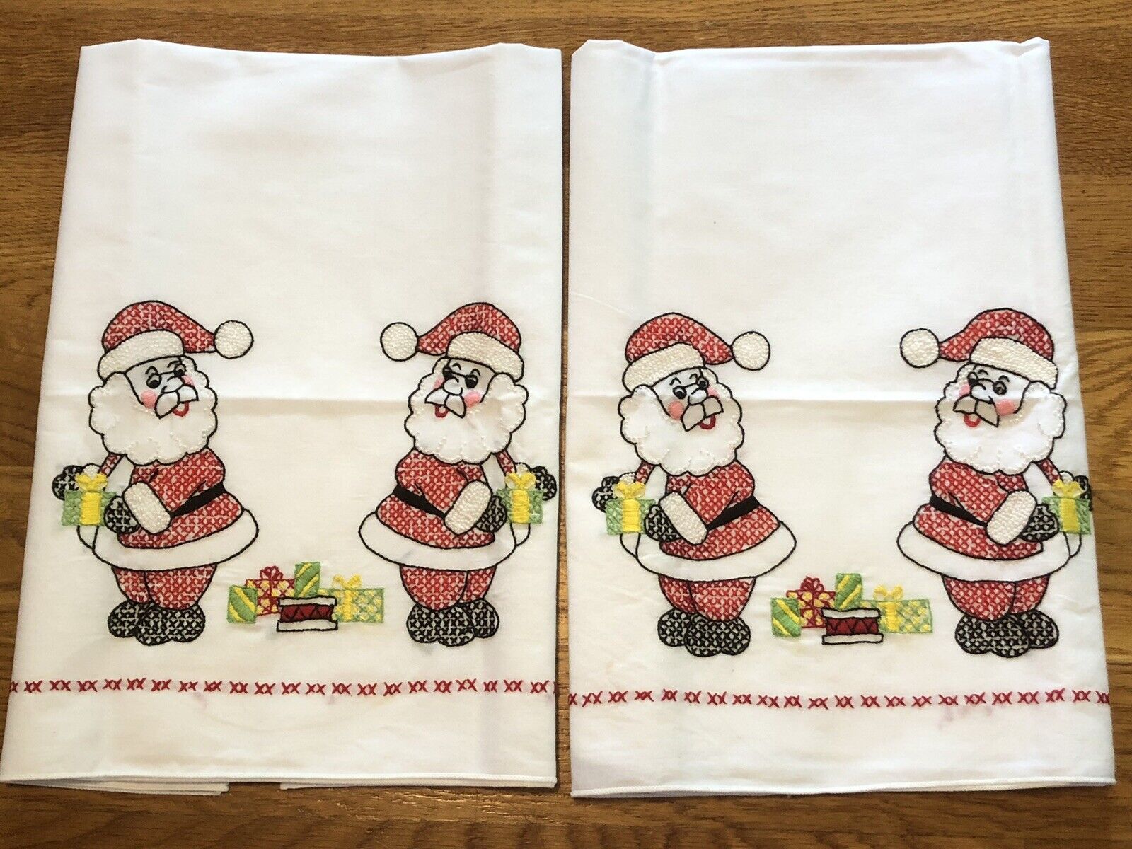 Two Vintage Pillowcases Embroidered Cross Stitch Santa With Gifts Cute Set
