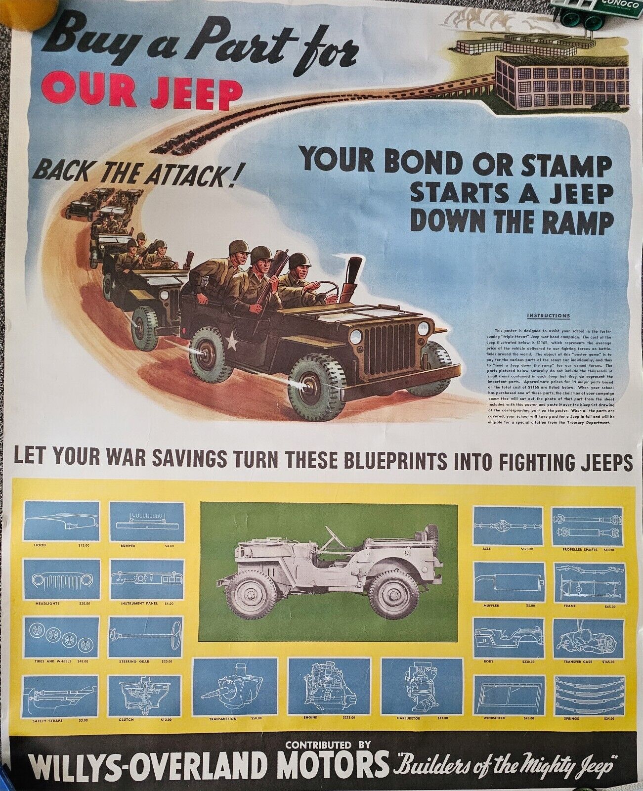 Vtg Original WWII Poster Buy A Part For Our Jeep Willys Overland Motors 35x45” 