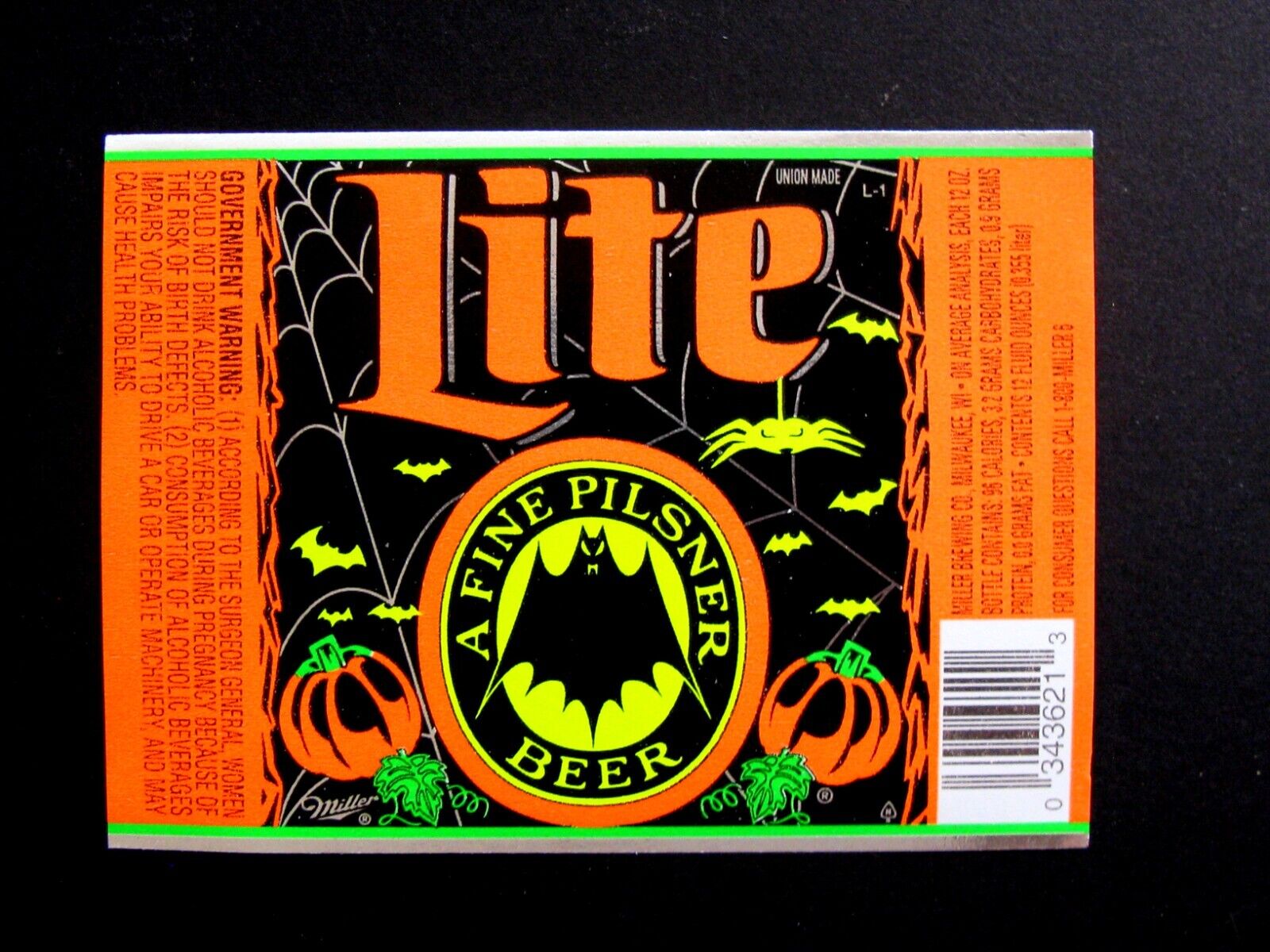 Miller Brewing LITE A FINE PILSNER BEER beer label WI 12oz Bats Pumpkins Spiders