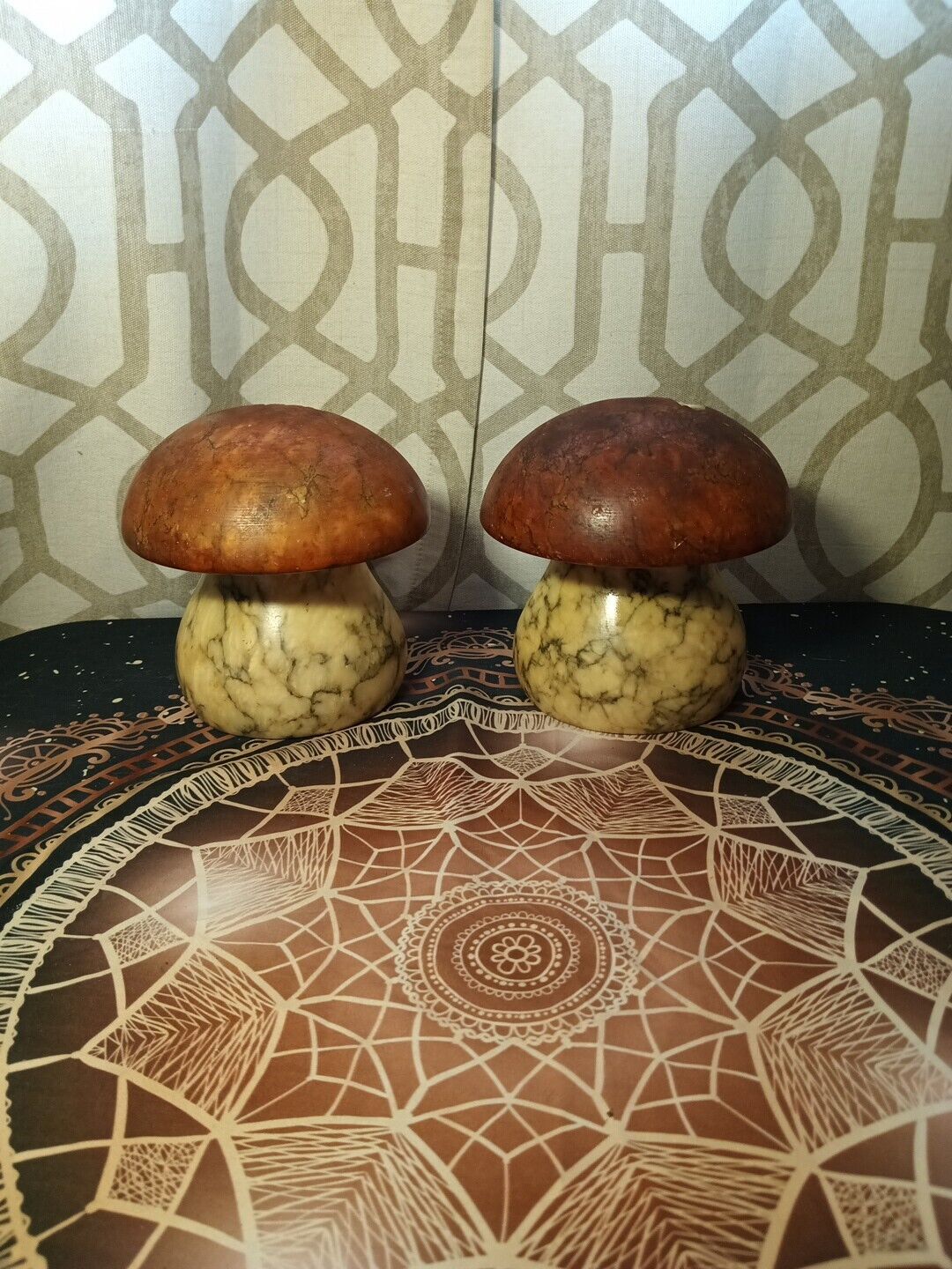 Vintage Italian ABF Two Tone Brown Marble Alabaster Mushroom Bookends *Rare*