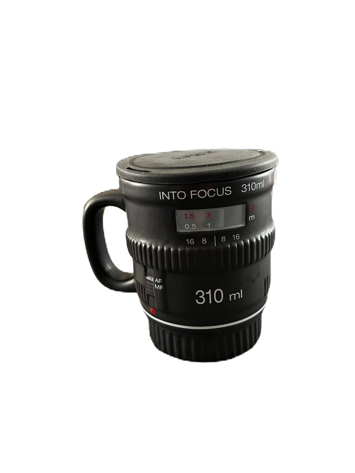 Into Focus by Bitten 3D Camera Lens Black Ceramic Coffee Mug Cup W/Lid