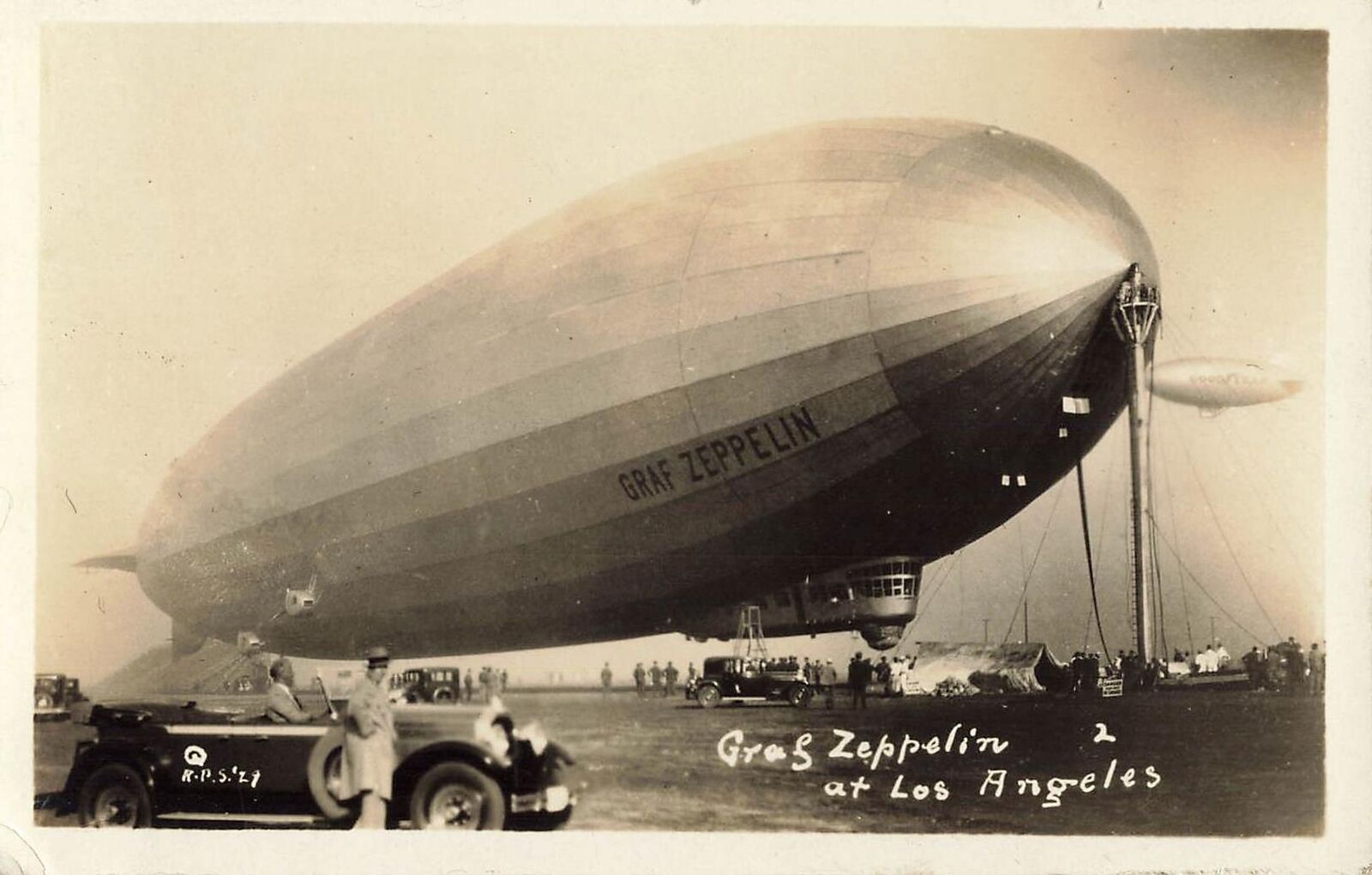 RPPC rare 1929 GRAF ZEPPELIN Taking Off In Los Angeles GoodYear Blimp Postcard