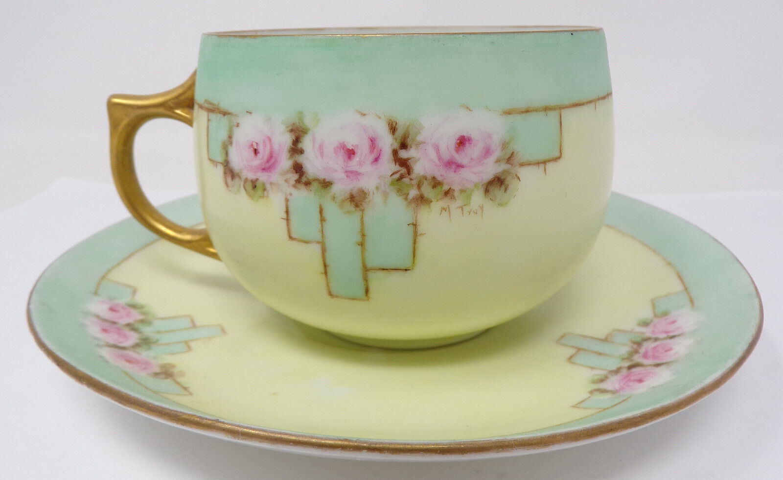 Vintage J&C Bavaria Tea Cup & Saucer Bavarian Multicolor Rose Floral Gold Accent