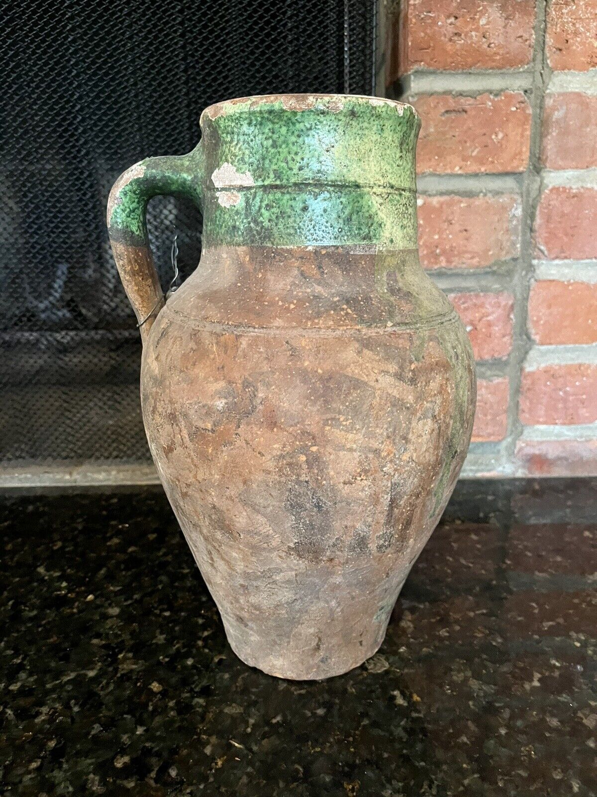 FRENCH ANTIQUE POTTERY AUTHENTIC JUG - JAR GLAZED WITH GREEN