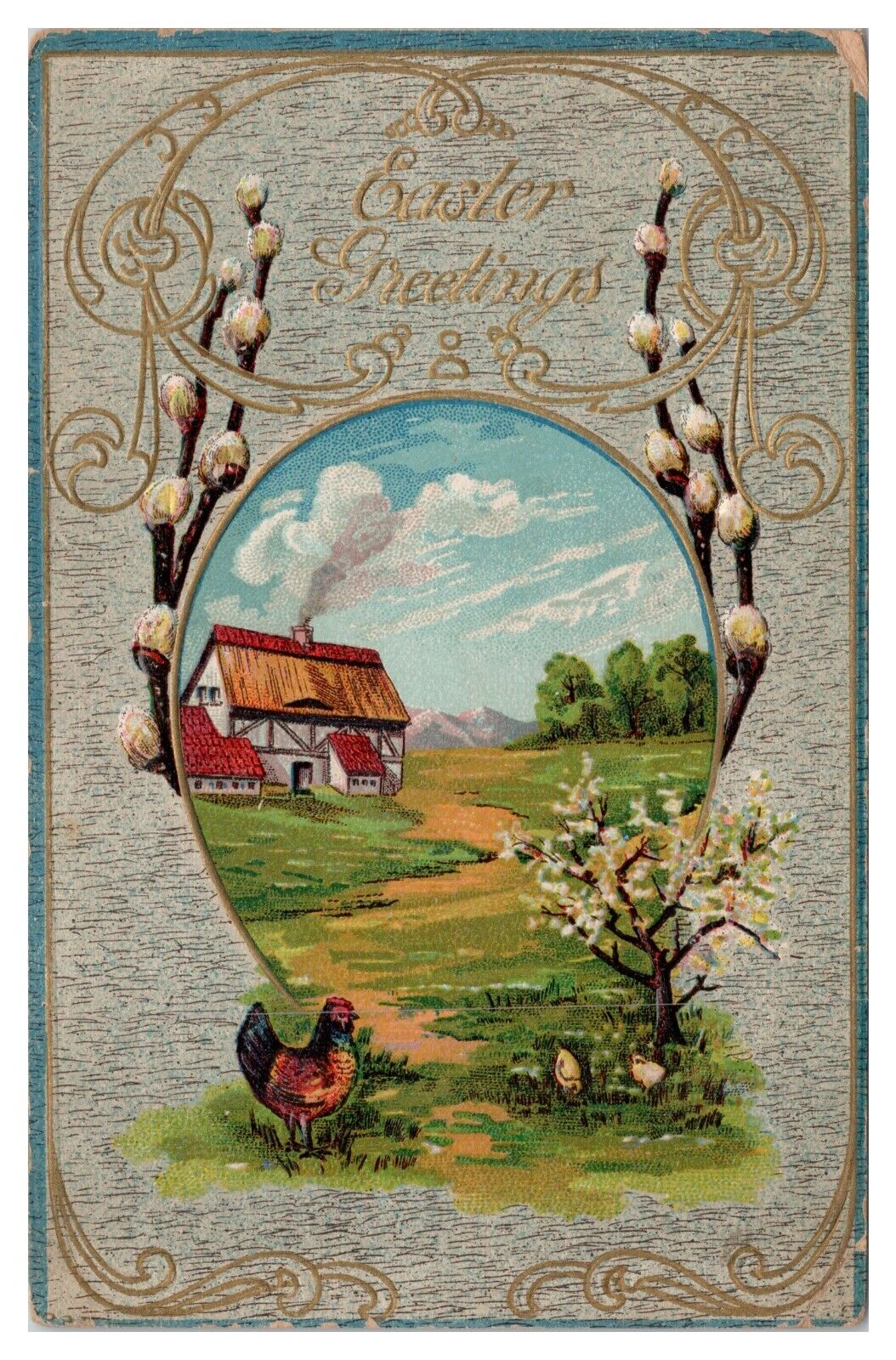Vintage 1910\'s Embossed Easter Greetings Postcard Farmhouse Hen and Chicks Unp.