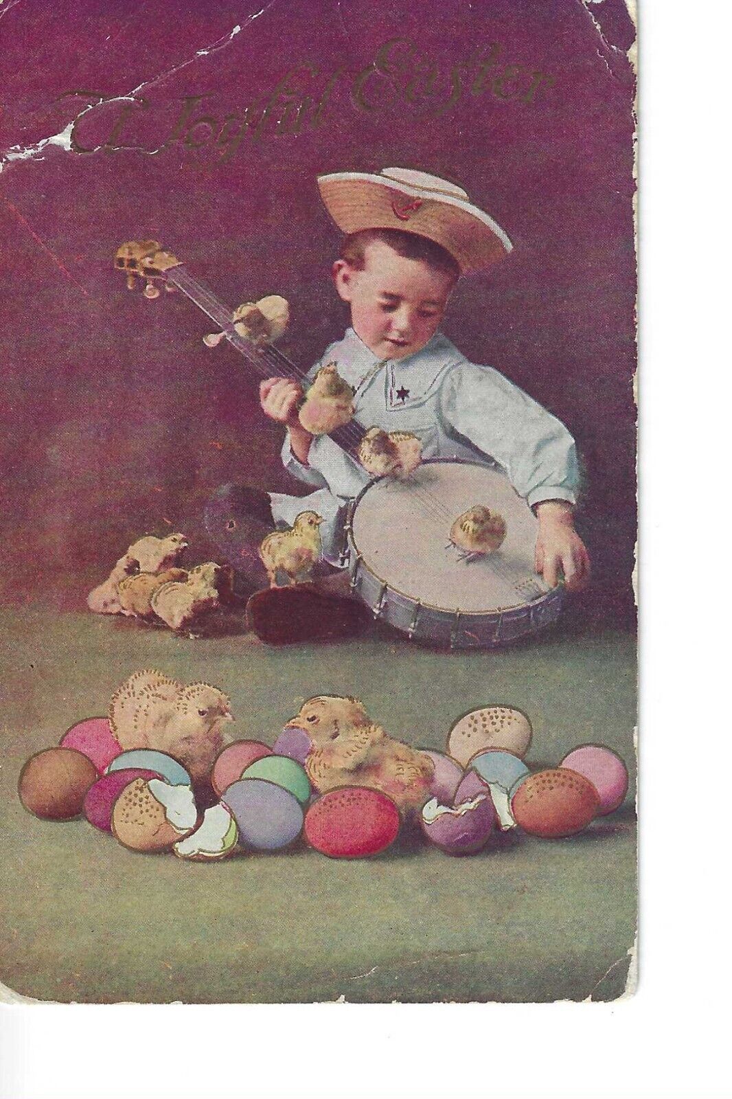 Vintage Used Postcard A Joyful Child Playing A Banjo, 1910 Embossed