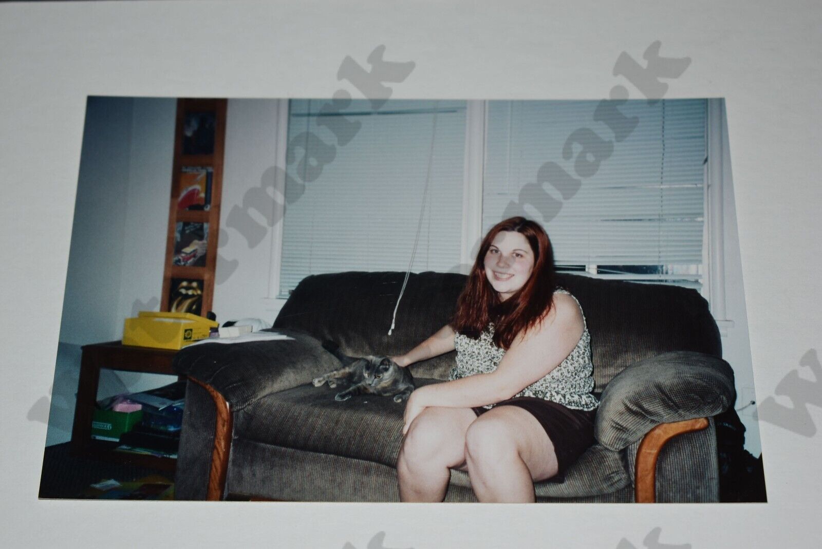 cute chubby redhead woman in shorts on couch  VINTAGE PHOTOGRAPH Fv