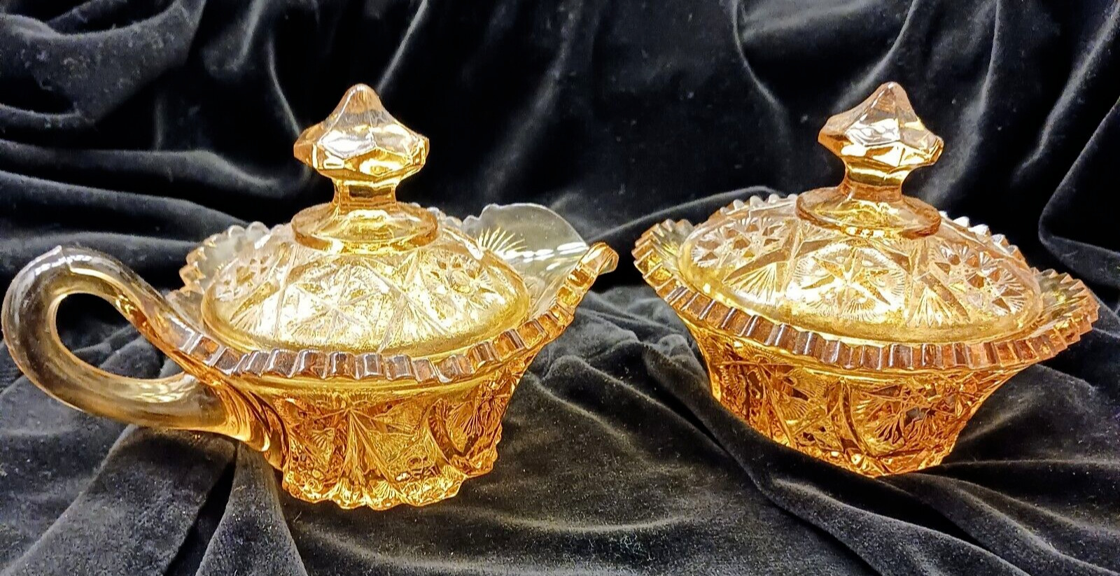 Vintage Kemple Yutec Pattern Amber Glass Lidded Cream and Sugar Set