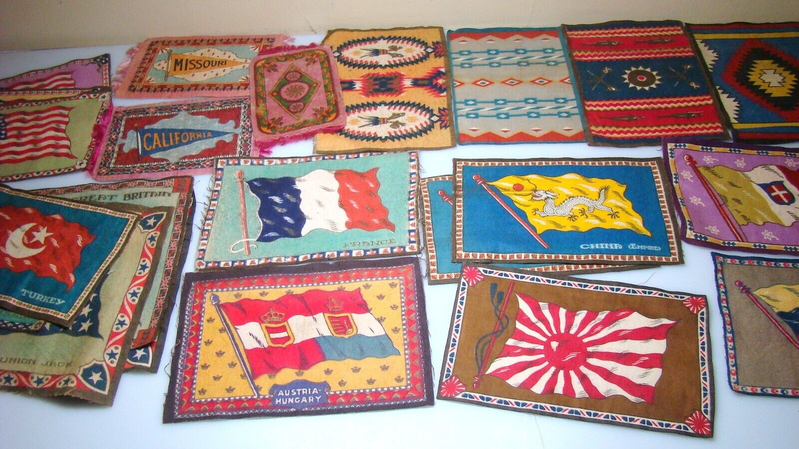 22 Antique Felt Tobacco Flags Countries States Fringed Huge Vintage Lot