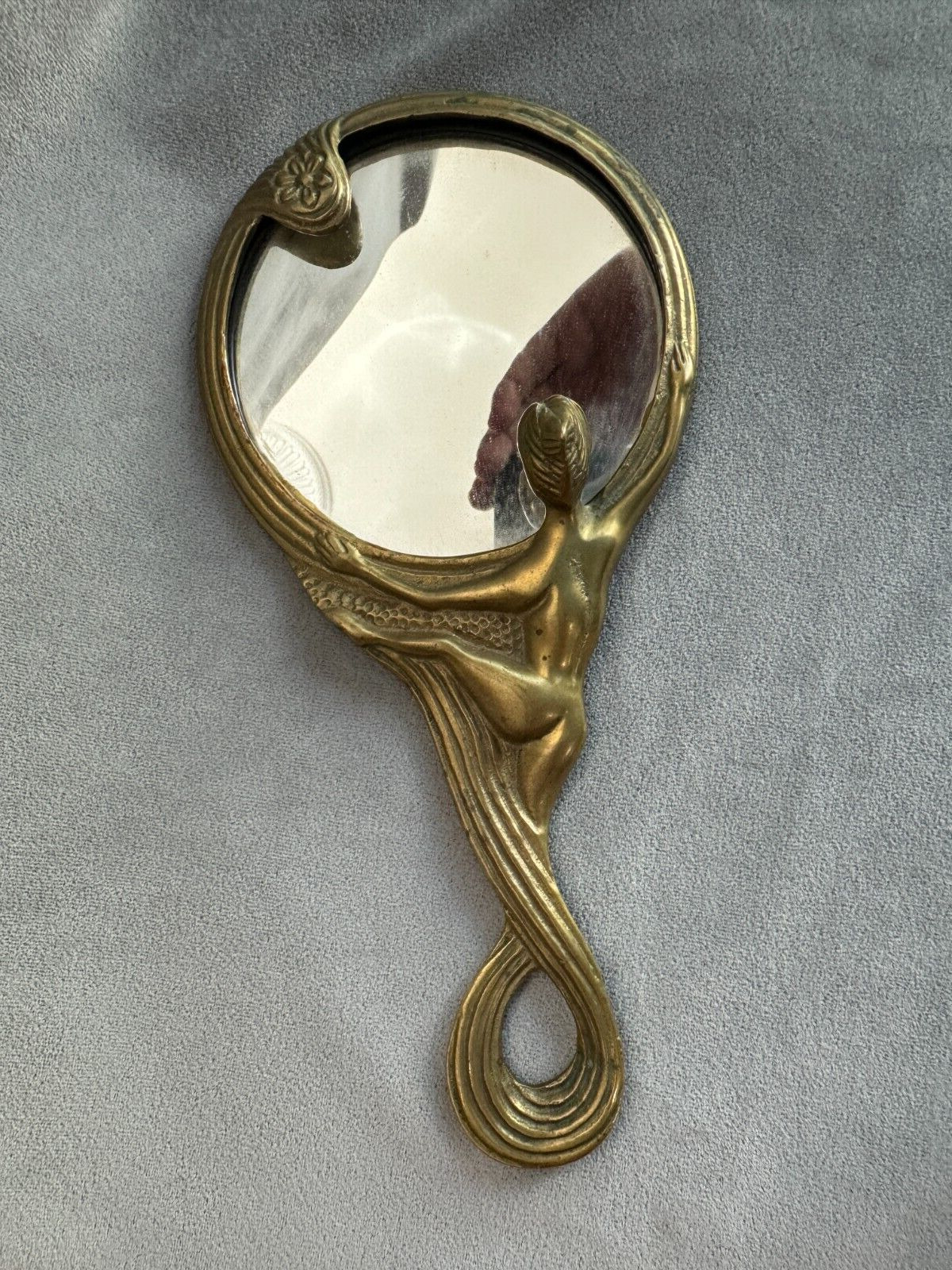 Antique/Vintage Art Nouveau Heavy Brass Handheld Vanity Mirror