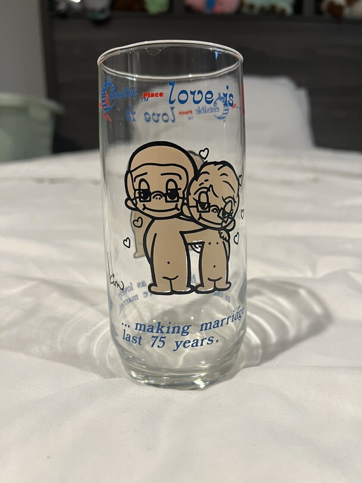 “love is” vintage drinking glass