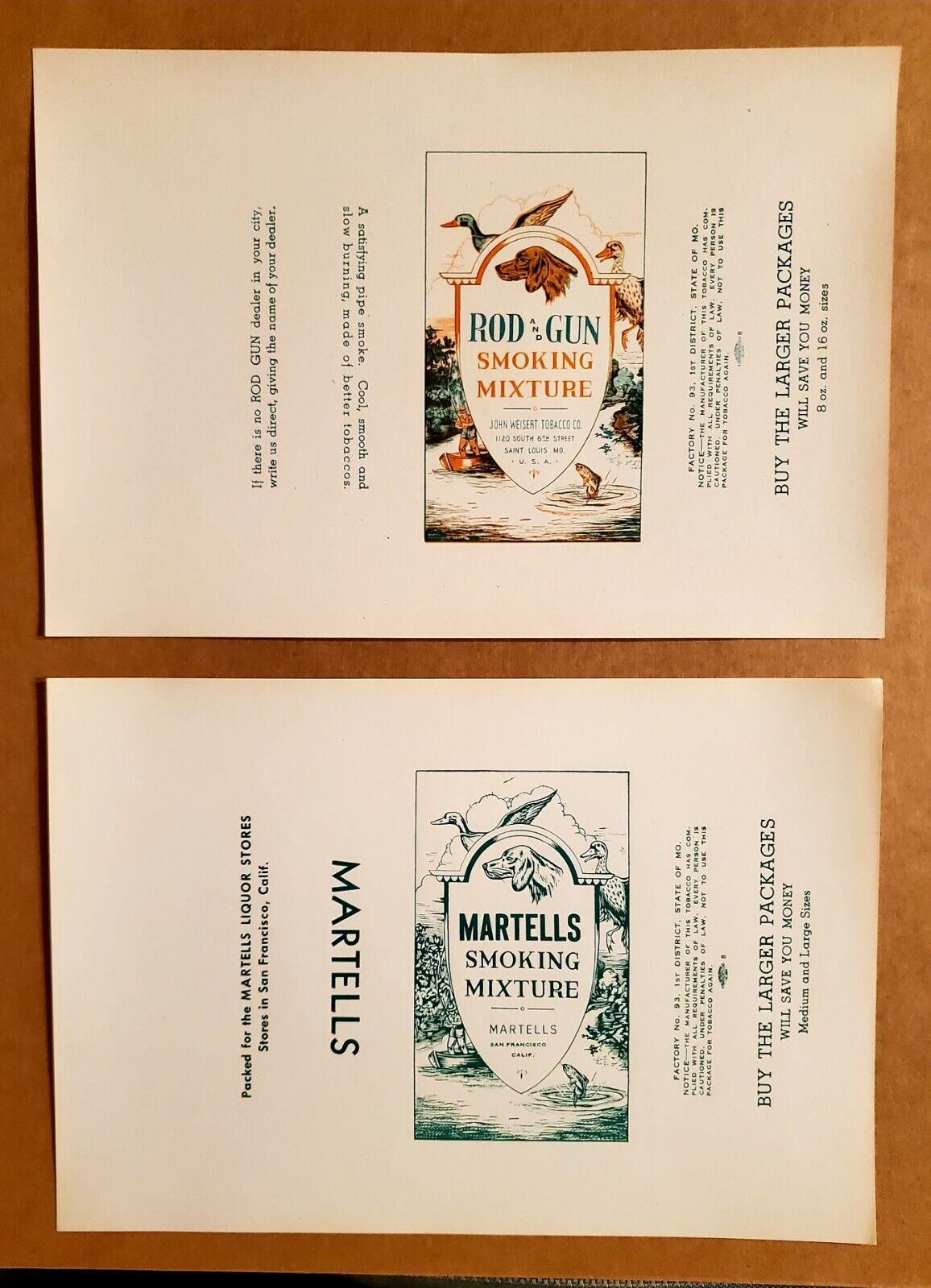 2 Diff. Vintage Old Tobacco Labels, Rod & Gun, Martells, Hunting Fishing