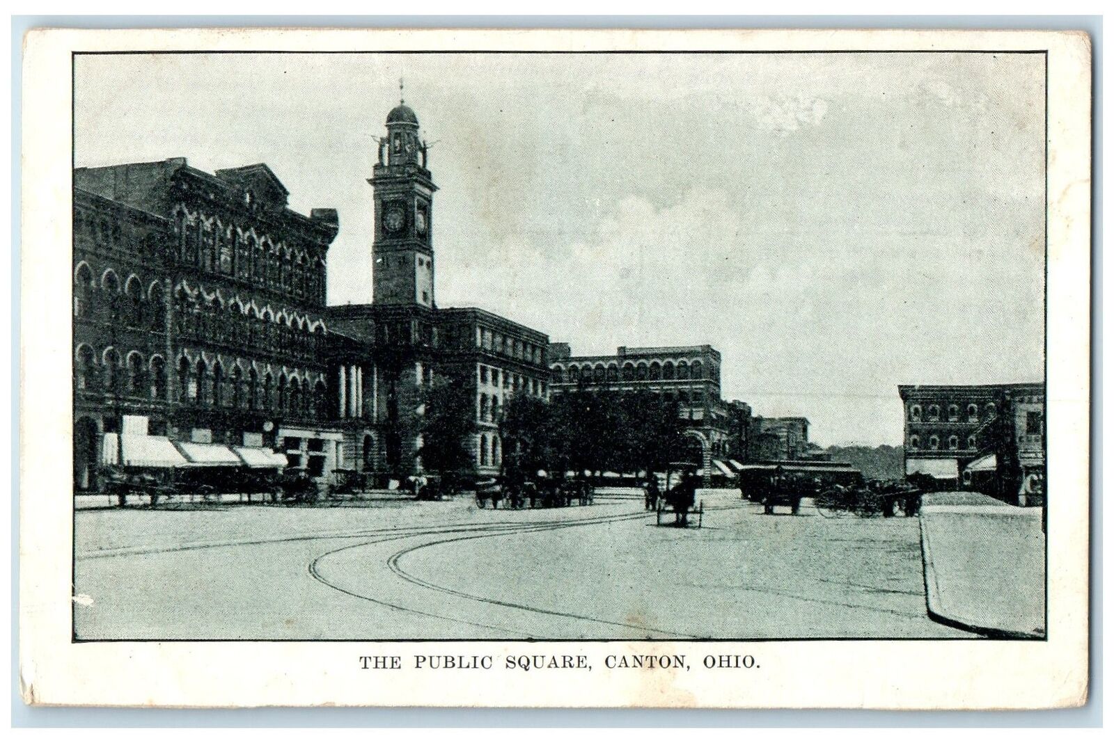 c1920\'s The Public Square Building Clock Tower Carriage Canton Ohio OH Postcard
