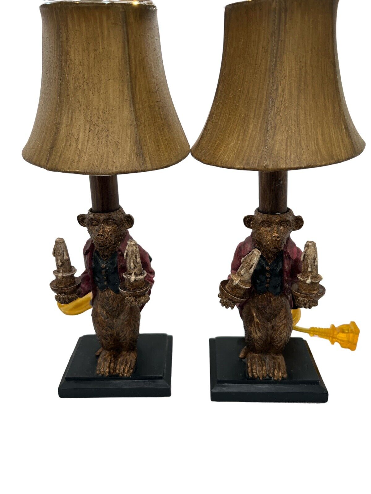 Pair Of Vintage Butler Bellhop Monkey Small Table Lamps With Shades Works