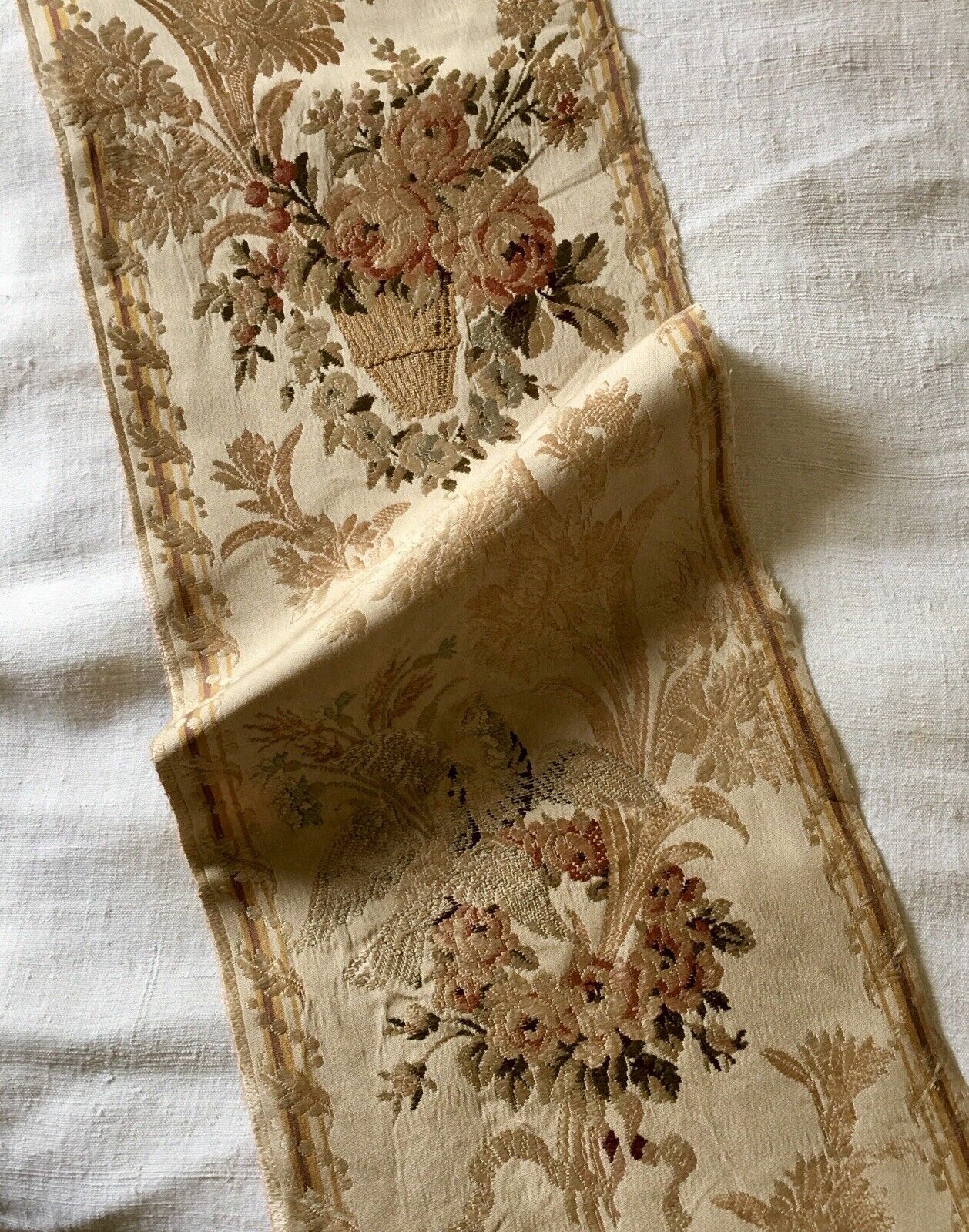 Antique French Floral Roses Love Bird Silk Fabric Fragment~Blush Rose Blue Olive