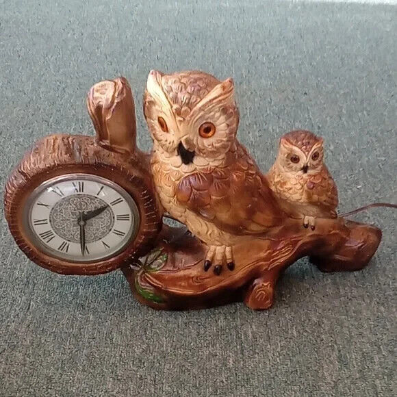 vtg 1960s DOUBLE OWL ELECTRIC MANTLE CLOCK  very heavy