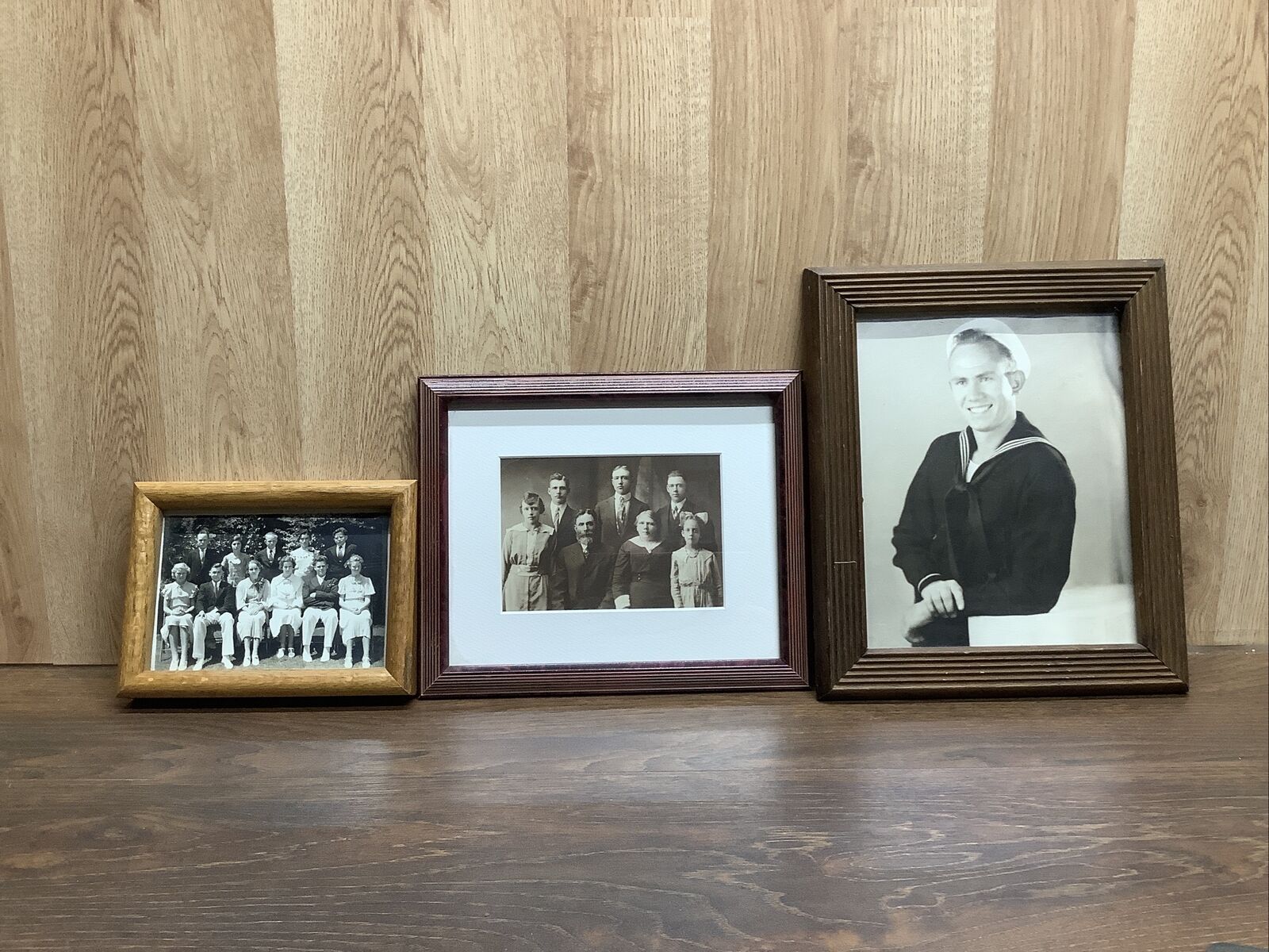Lot Of  3 Vintage Black White Photos- Family  Navy Soldier Wood Framed