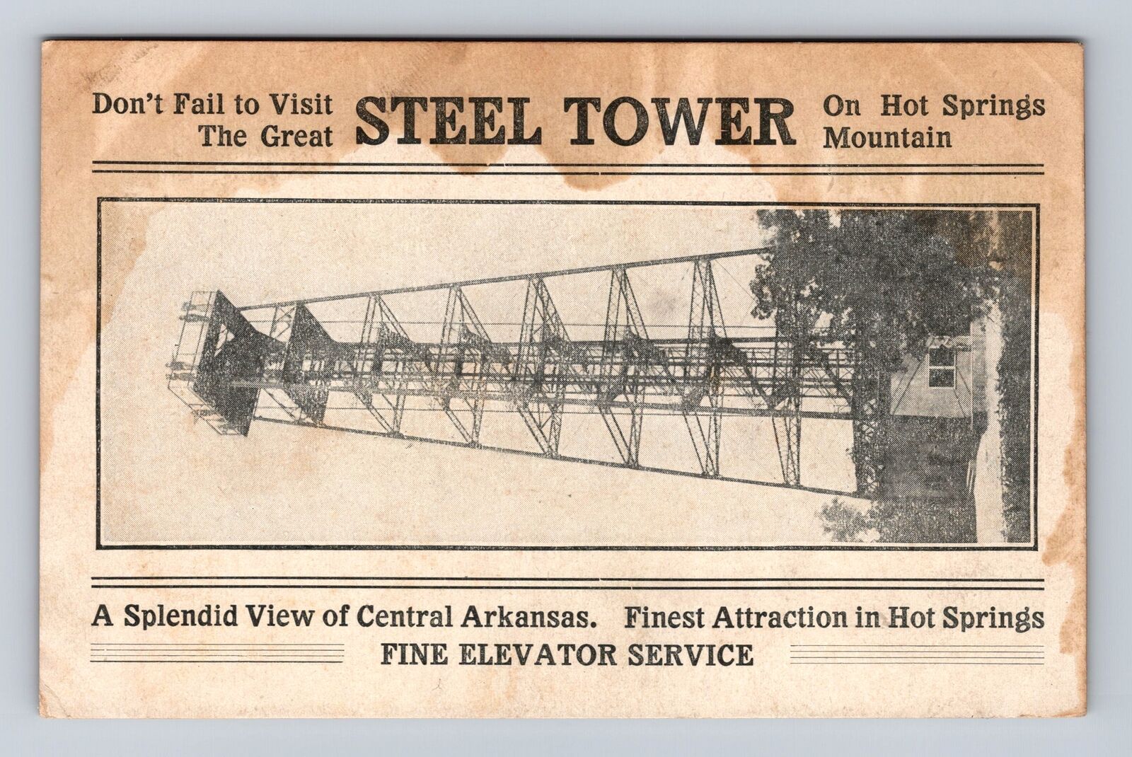 Hot Springs AR- Arkansas, Steel Tower, Antique, Vintage Souvenir Postcard