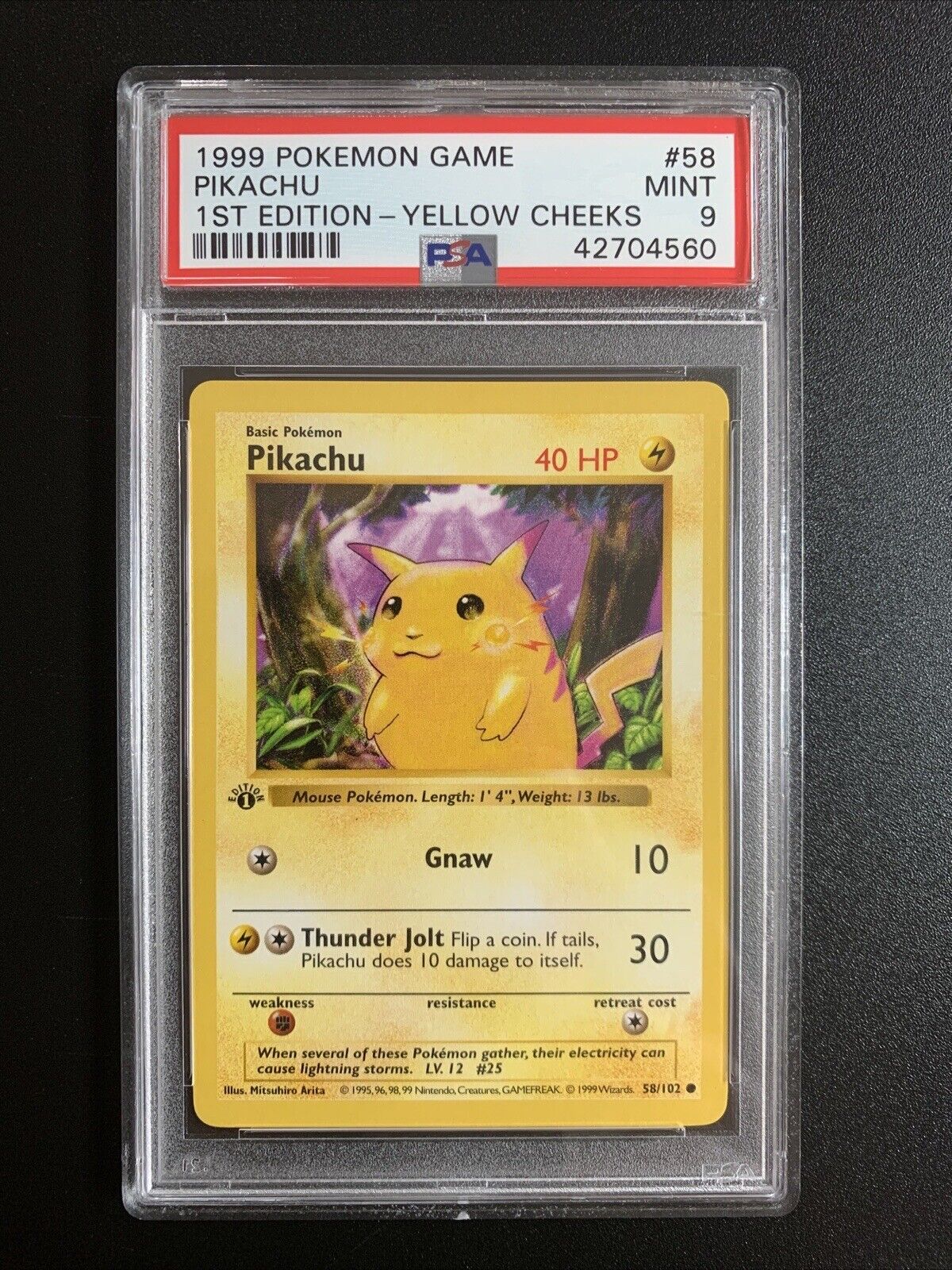 PSA 9 1st Edition Shadowless Pikachu-Yellow Cheeks #58 1999 Pokemon Base Set