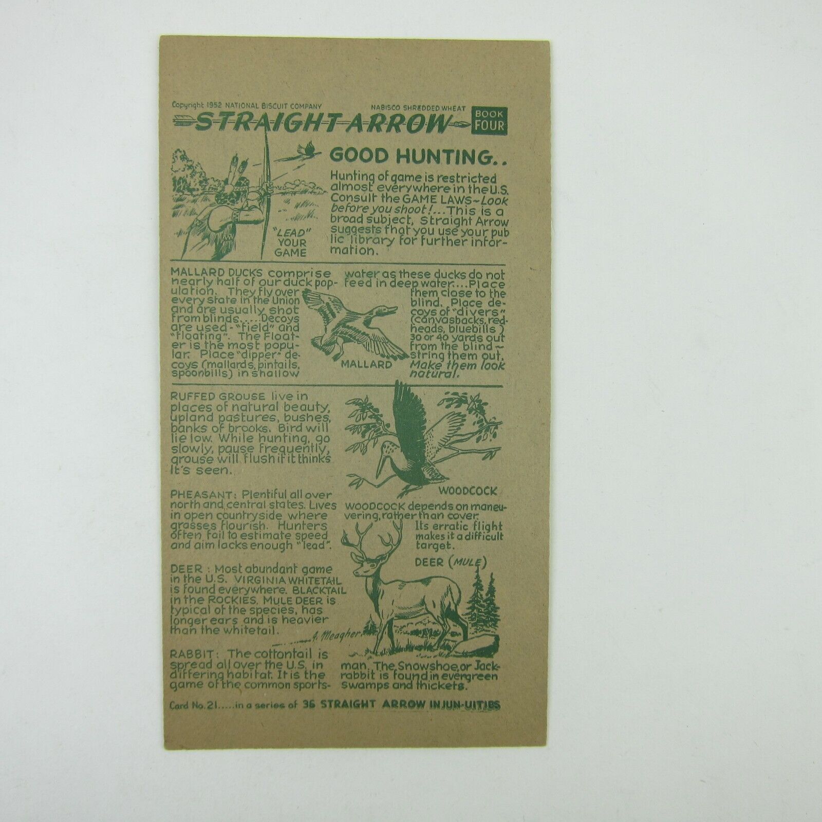 Nabisco Shredded Wheat Straight Arrow Indian Book 4 Card 21 Hunting Vintage 1952