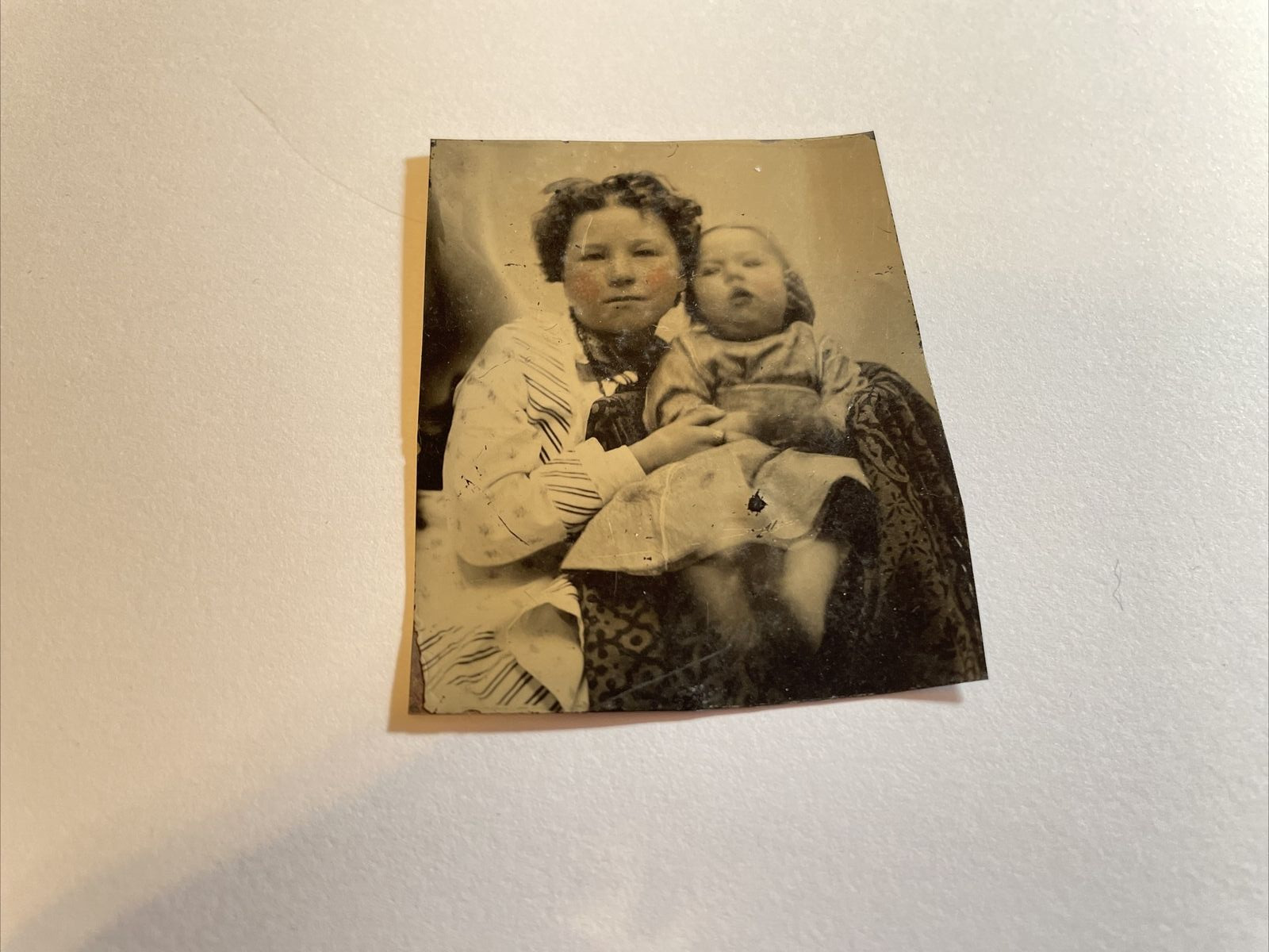 Antique Tintype Photograph Hand Colored Cheeks Mother Holding Daughter, Jewelry