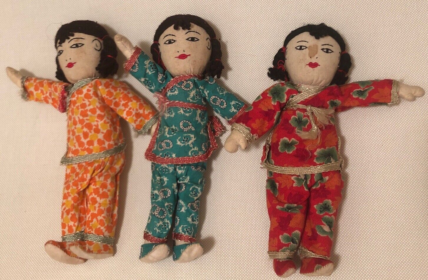 Set 3 VINTAGE  1960’s Chinese ADA LUM  Cloth Dolls Woman Girls Green Orange Red