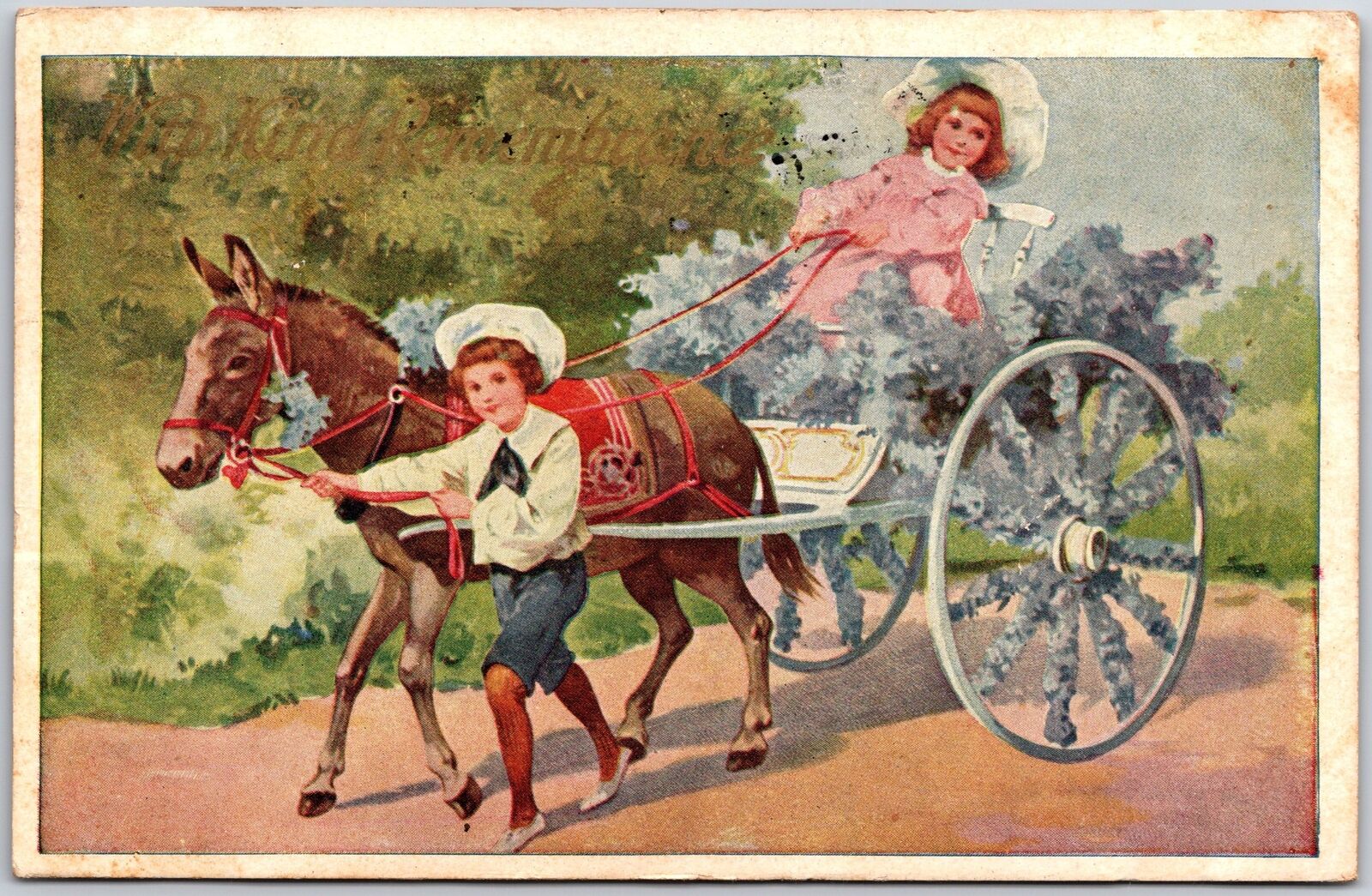1909 With Kinds Remembrance Greetings Boy Girl Horse Carriage Posted Postcard
