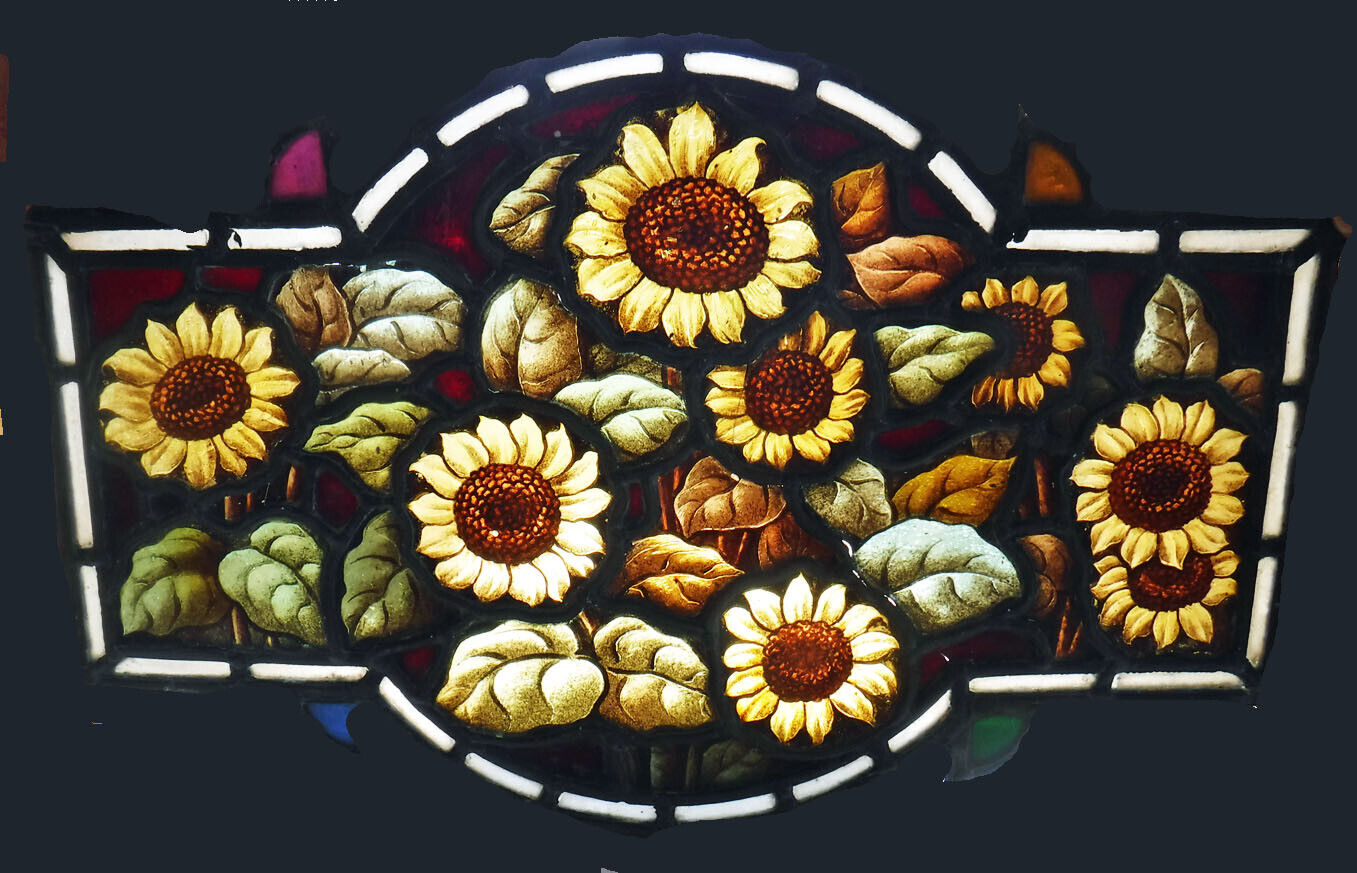 Antique Arts & Crafts Stained Leaded Glass Sunflowers Window Sun Catcher Section