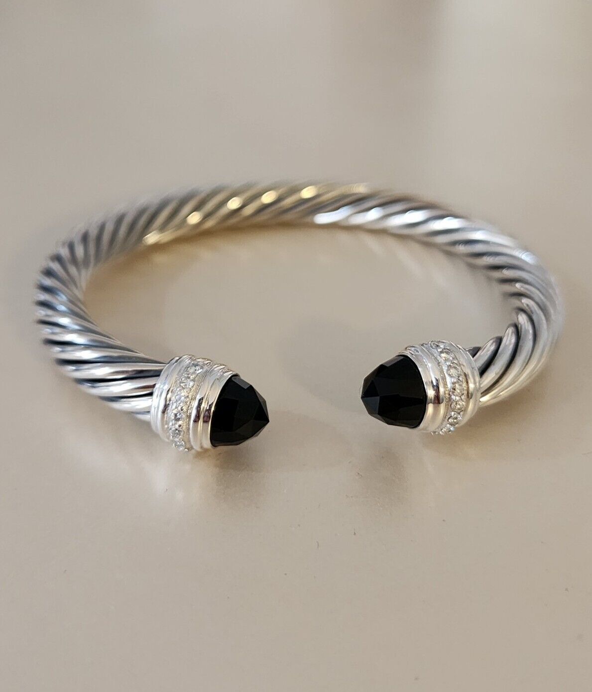 David Yurman 7mm Cable Classics Cuff Bracelet 925 Silver Black Onyx & Diamonds