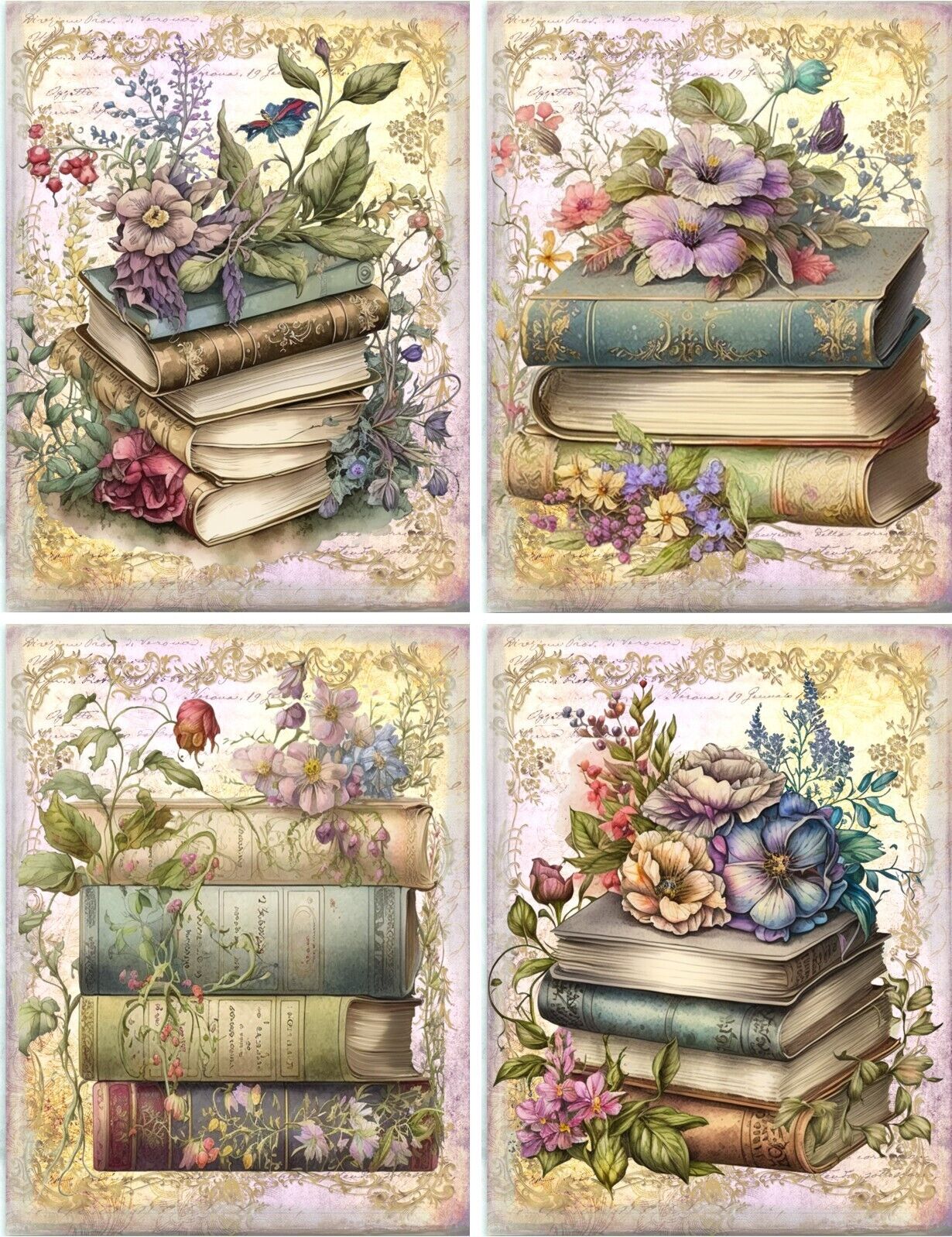 8 Books Vintage Victorian Flowers glossy blank note cards organza bag envelopes