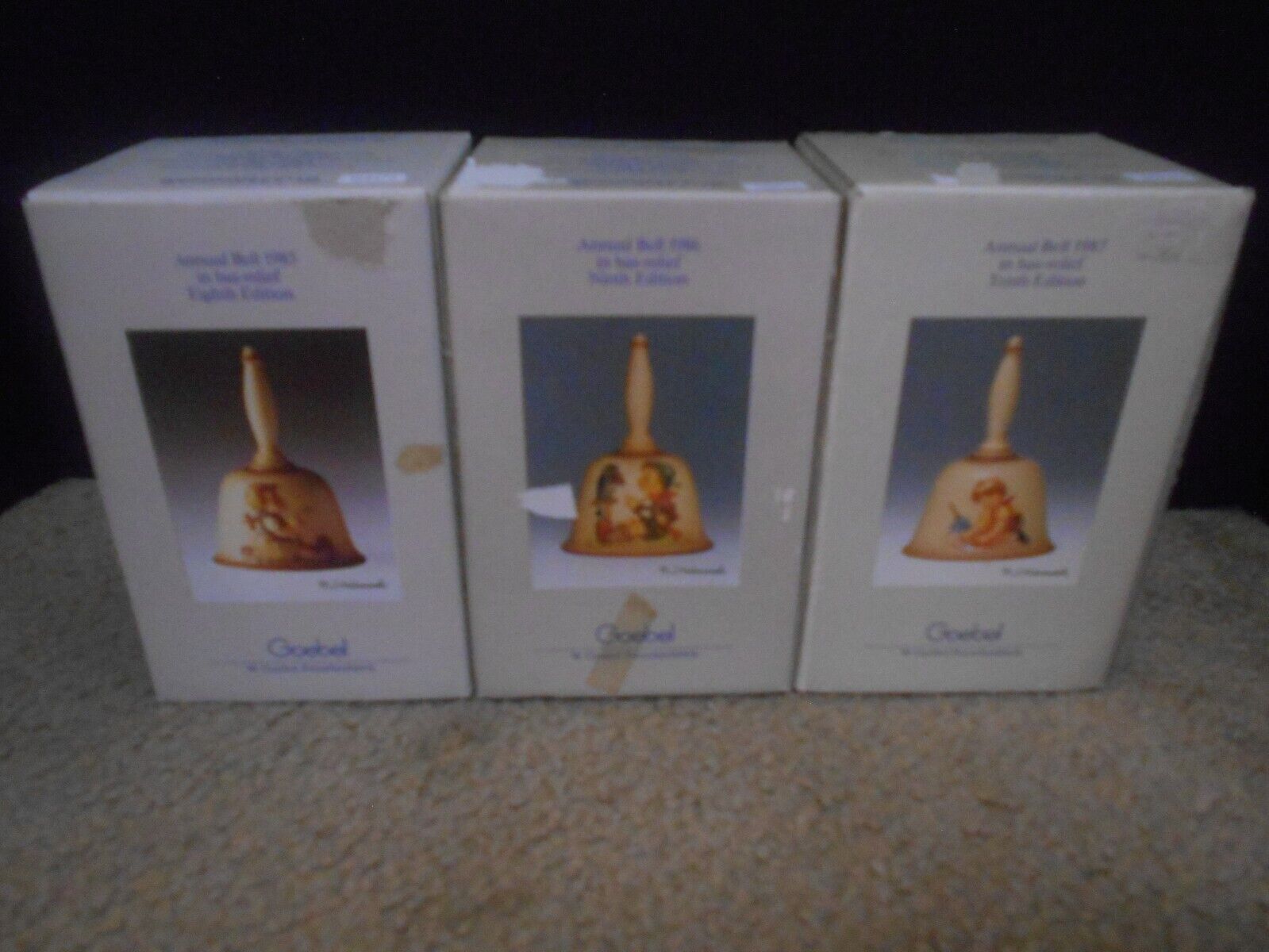 Goebel Hummel Annual Bell Set of 3 1985 1986 1987 Eighth Ninth Tenth W/ Boxes