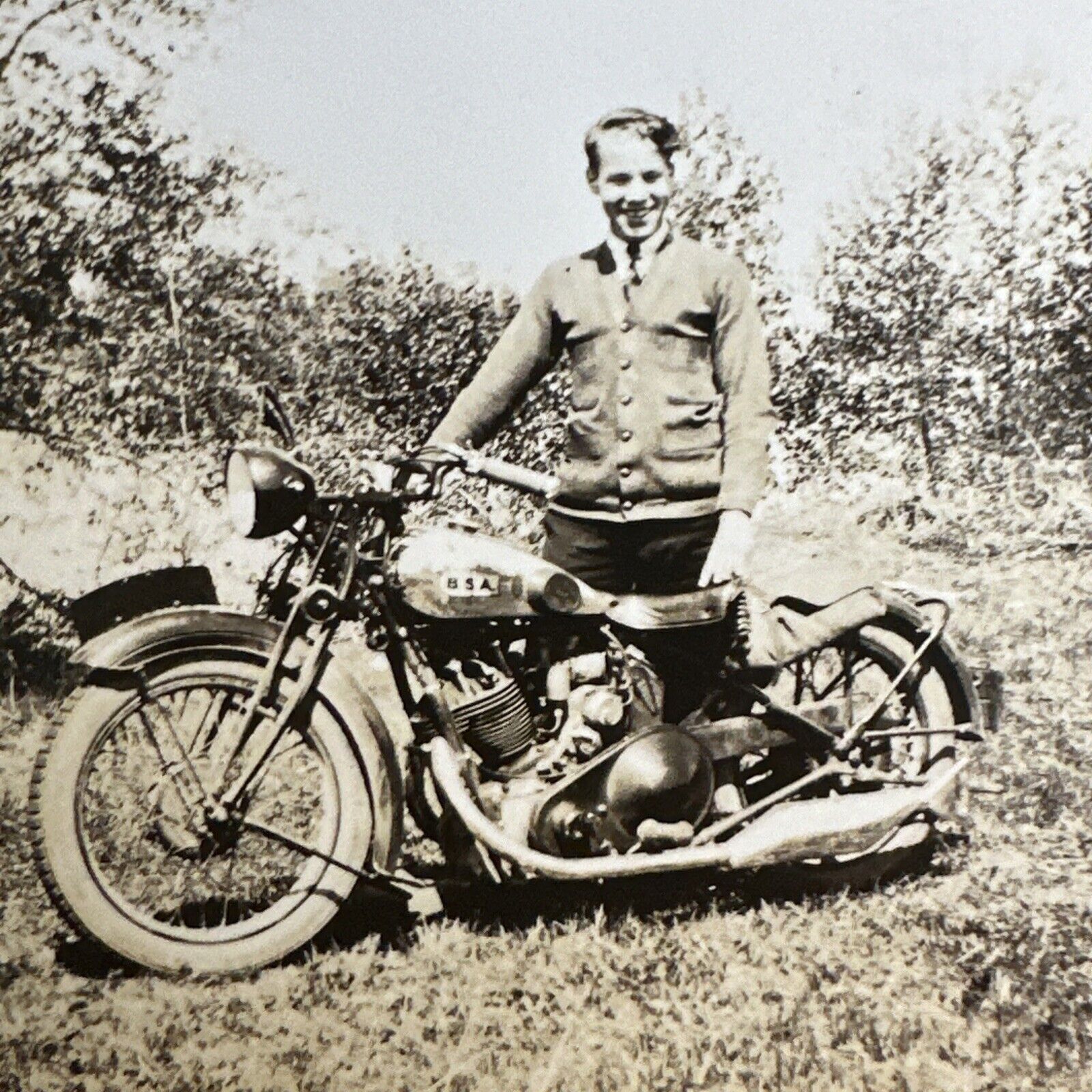 Motorcycle VINTAGE PHOTO 1939 man with motorbike Vancouver Original Snapshot