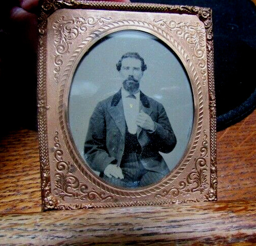 Antique 6th Plate Tintype In Frame Bearded Young Man 