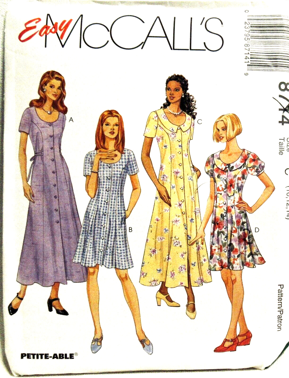 EASY MCCALL PATTERN 8714 SEMI FIT FRONT BUTTON DRESS POCKETS SIZE 12-16  1990'S